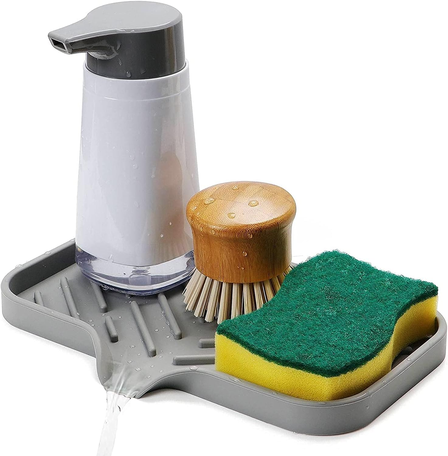 Silicone Kitchen Soap Tray, Sink Tray Draining Sponge Holder, Sink Organizer Tray for Sponge Soap Dispenser Scrubber with Drain Spout, Grey(9.5 X 5.8 Inch)