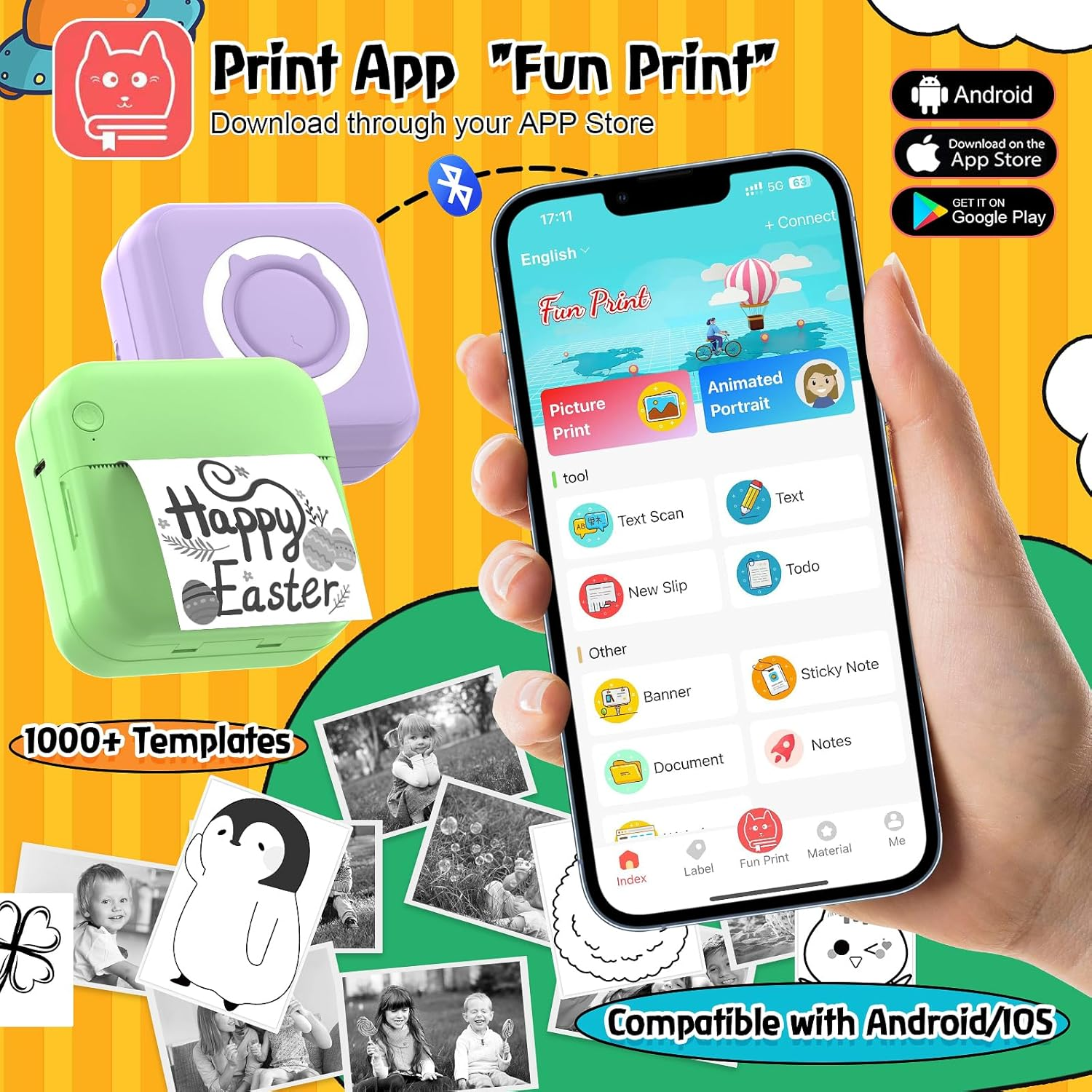 QYCHHJ Mini Printer for Iphone/Android/Tablet, Bluetooth Mini Thermal Printer Portable with 8 Rolls Thermal Paper, Inkless Sticker Printer for Study Notes Journal Memo Photo Picture, Green image number 2