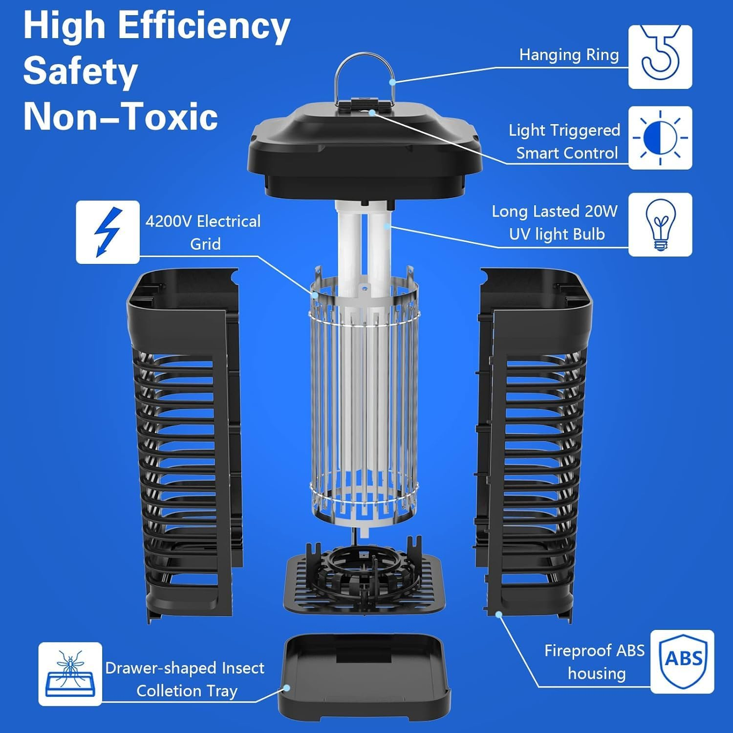 Bug Zapper Indoor Outdoor, 4300V 18W Electric Mosquito Killer, Mosquito Trap Fly Zapper Insect Killer with Light Sensor for Home, Garden, Backyard, Patio, Camping, 2300 Sq. Ft Coverage image number 1