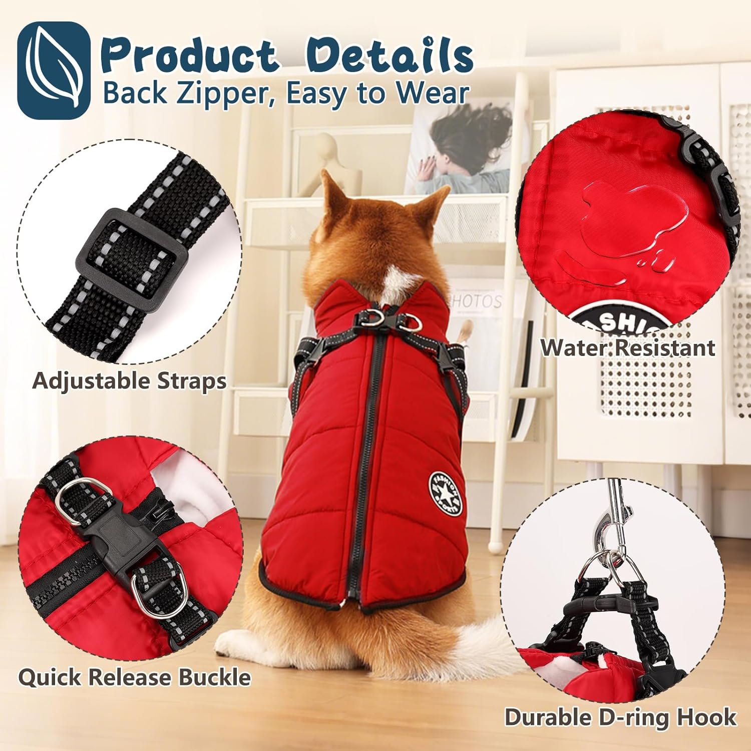 Reflective Padded Dog Jacket with Built-In Harness, Water-Resistant Winter Dog Coat with D-Ring Leash & Fur-Safe Zipper, Warm Windproof Coats for Small Dogs and Kittens (Red, S) image number 6
