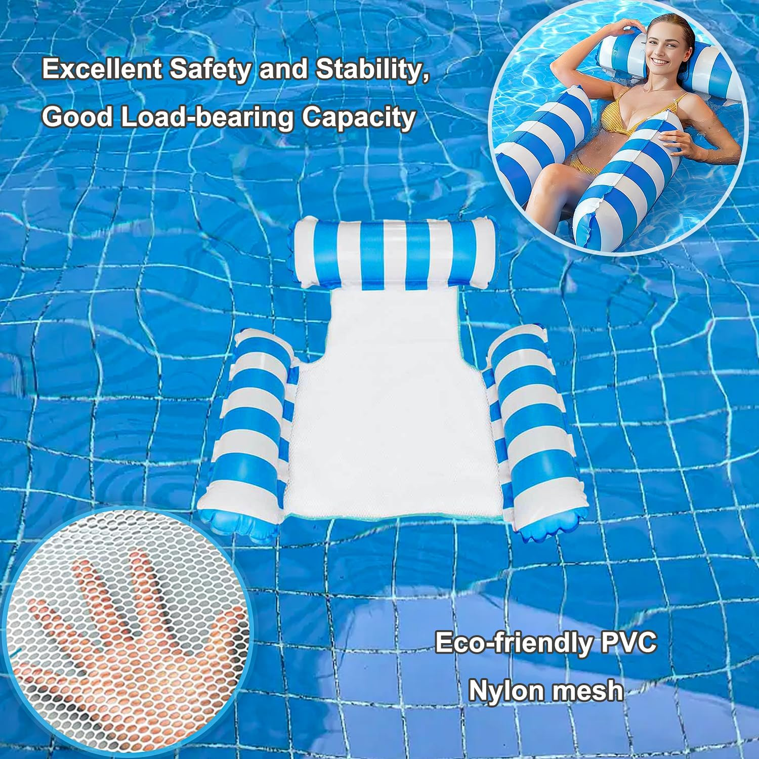 Inflatable Water Hammock Floats Pool 2 Packs - 4-In-1 Swimming Float, Portable Lounge Chair for Adults, Pink+Blue, Double