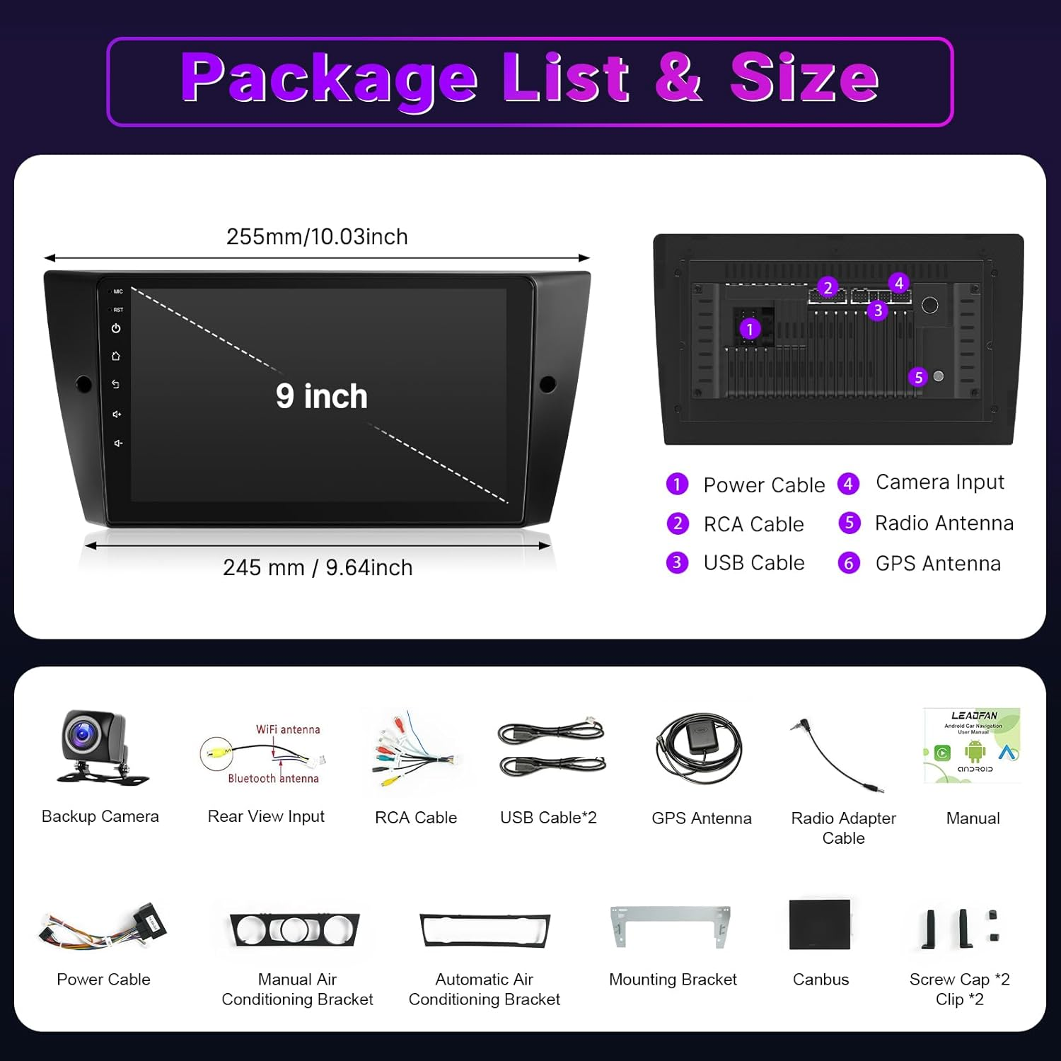 Leadfan Android Car Stereo for BMW 3 Series 328I 335I 325I (E90/E92/E93) 2005-2011 with Wireless Carplay Android Auto 9'' Touch Screen In-Dash GPS Navigation Bluetooth Wifi Unit+Backup Camera+Canbus