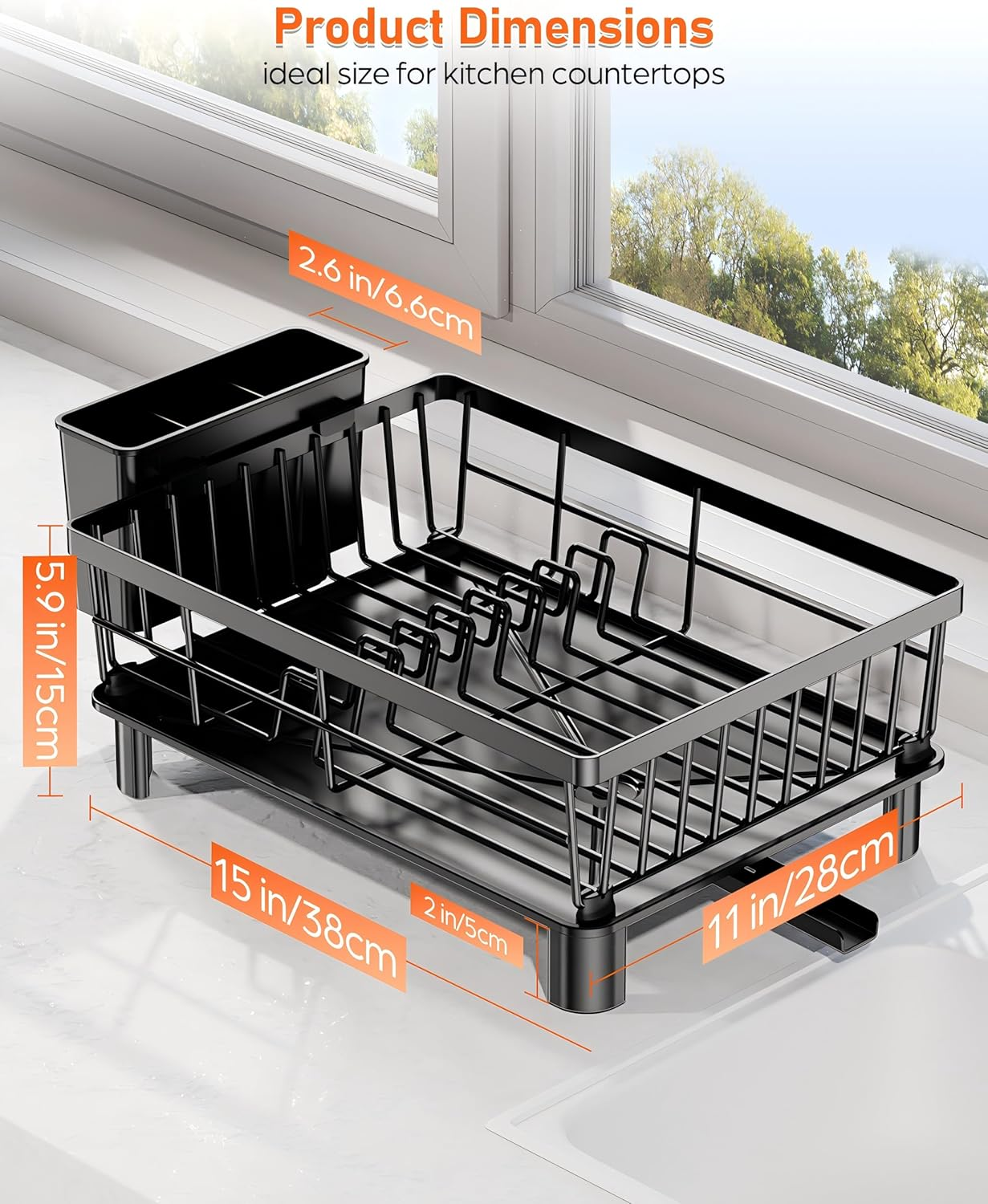 Large Dish Drying Rack with Drainboard, Stainless Steel Dish Rack for Kitchen Counter,Detachable Dish Drainer Organizer Shelf with Utensil Holder Set (Black) image number 3