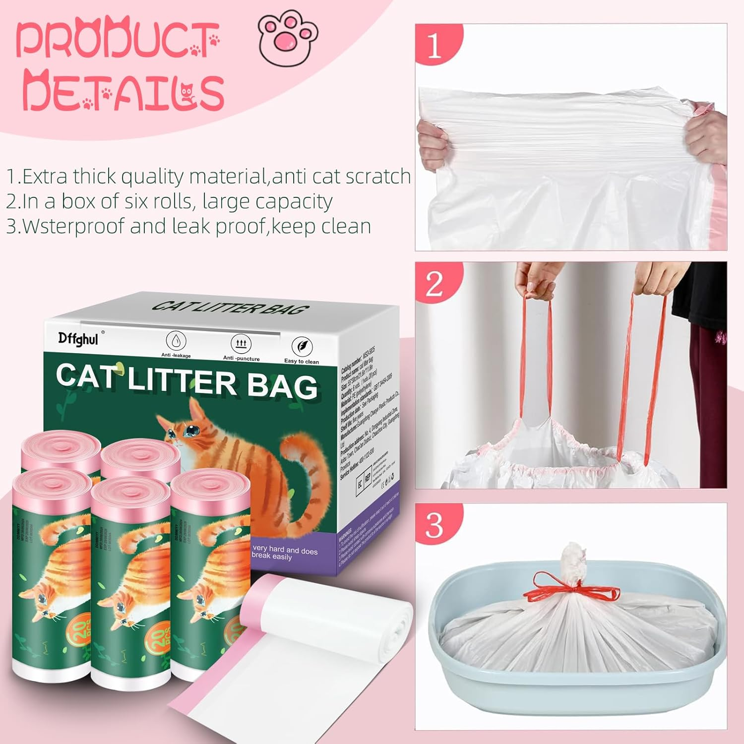 Cat Litter Box Liners, 120 Pack Kitty Bags, 21.6"X11.8" Unscented Drawstring Thick Disposable Litter Box Bags, Leak Proof for Litter Box image number 2