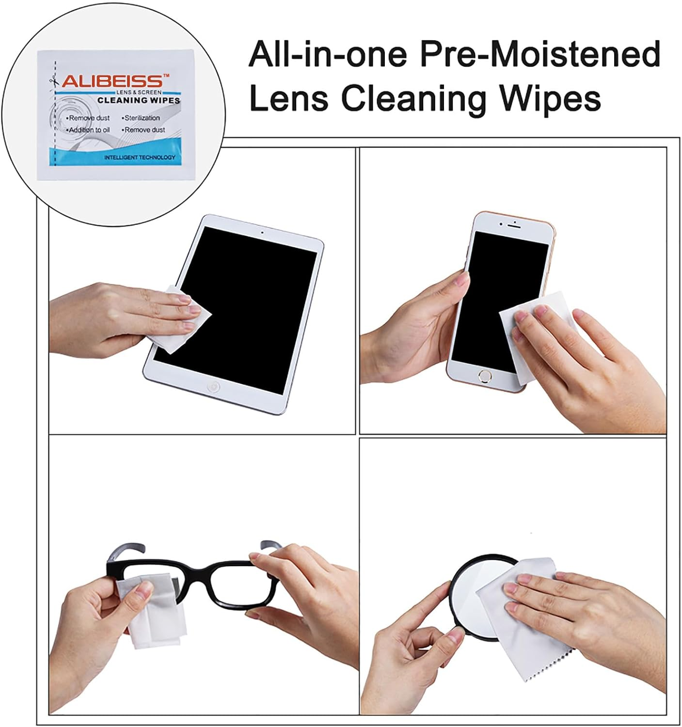 Pre-Moistened Lens Wipes ALIBEISS Screen Wipes for Glasses, Camera, Ipad, Tablets, Smartphone, Screens and Other Delicate Surfaces,Pack of 100 image number 1