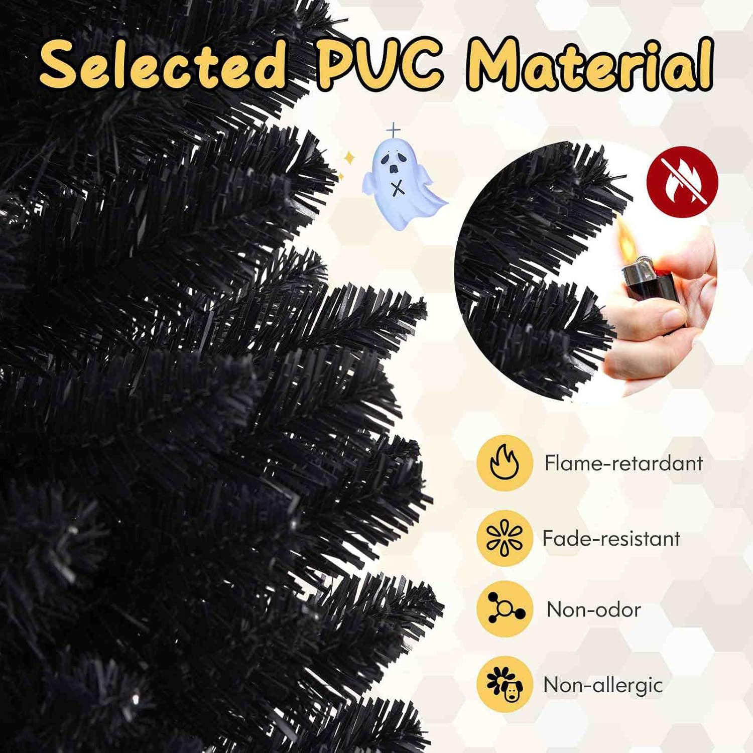 Costway 180 CM Black Artificial Halloween Christmas Tree, Slim Pencil Black Tree W/ 460 Branch Tips, Foldable Metal Stand, Corner Xmas Full Tree Carnival Decoration (180 Cm) image number 3