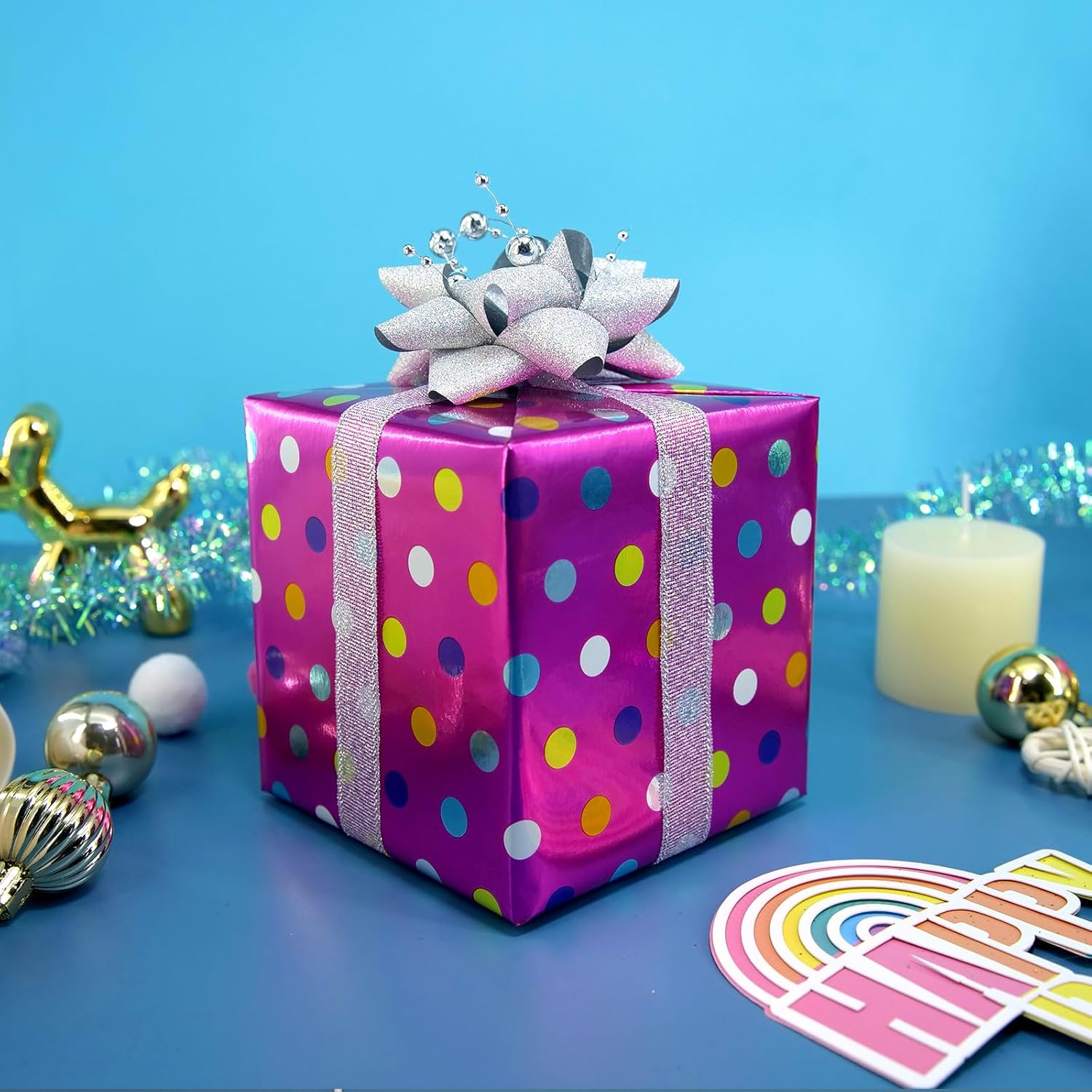 Blavermant Wrapping Paper Roll - Pink Set 3 Mini Rolls - 17In X 10Ft per Roll - Solid Metal/Rainbow/Pink Polka Dot Design (42.3 Sqft) for Party, Birthday, Wedding, Rainbow2Pink image number 1