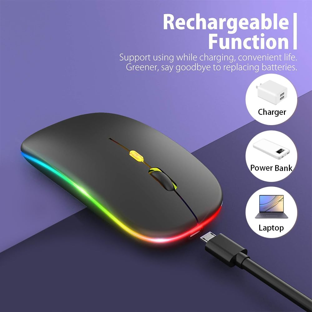 LED Wireless Mouse, Rechargeable Slim Silent Mouse 2.4G Portable Wireless Bluetooth Mouse Dual Mode with USB Receiver and Type C Adapter, 3 Adjustable DPI for Notebook, PC, Laptop (Black) image number 4