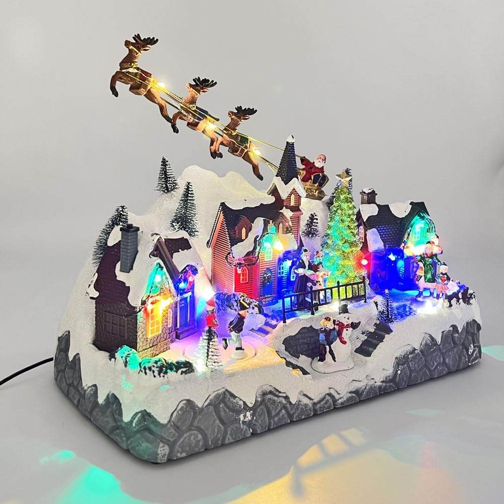 Animated Musical Christmas Village Scene, Lighted, Snowy Hillside with Santa, Reindeer, Houses, Rotating Skaters image number 4