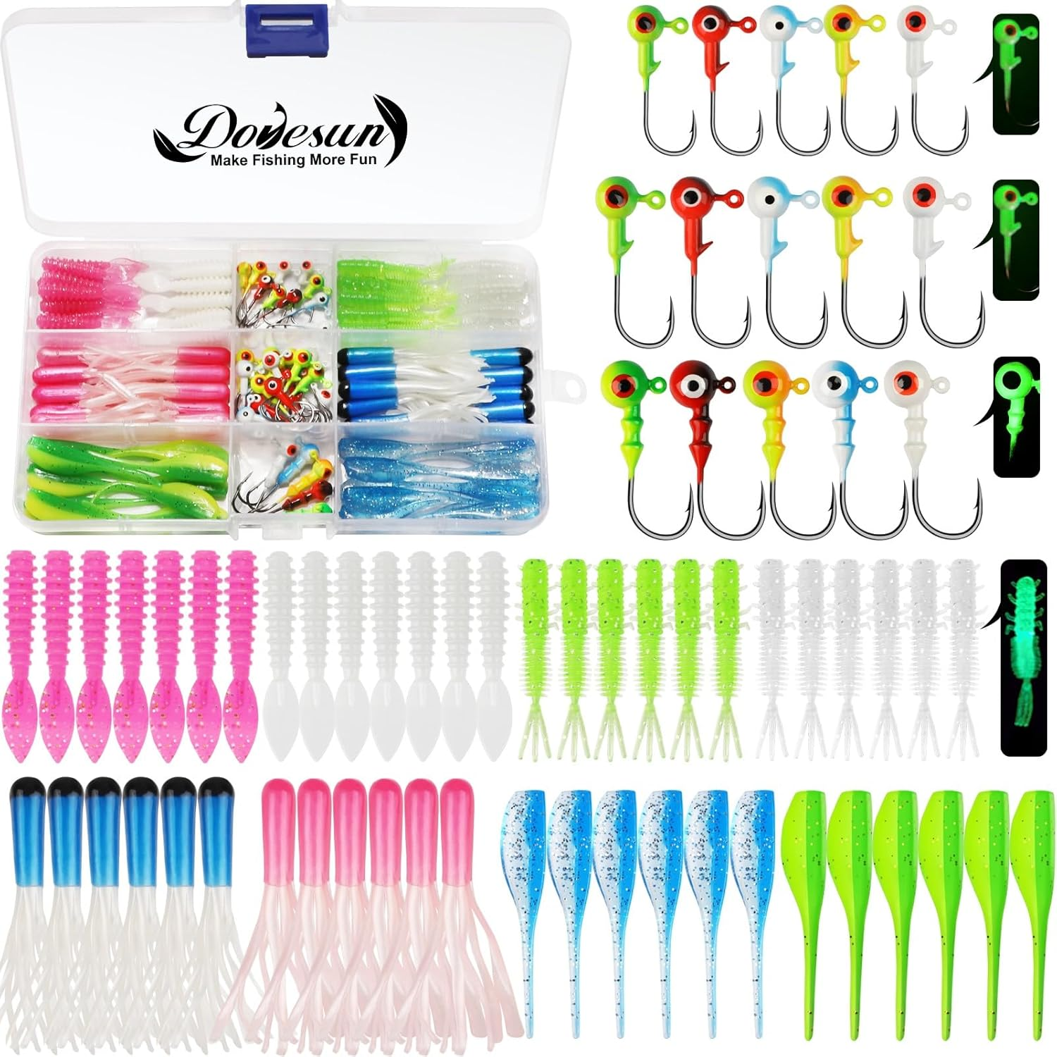 Dovesun 110Pcs Crappie Lures with Jig Heads Hooks Kit- Soft Plastic Grubs-Tubes Bait 80Pcs 1/8 1/16 1/32 Oz 30Pcs Crappie Jigs Fishing Lures Kit for Saltwater Freshwater Fishing /(120PCS-95PCS)