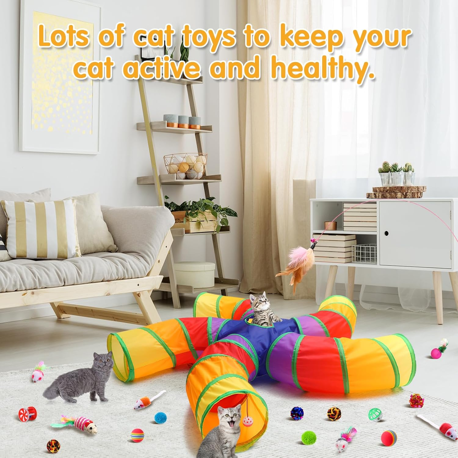 Poen 21 Pcs Cat Tunnel for Indoor Cats Set Collapsible 5 Way Cat Tubes with 20 Pcs Cat Toys Kitten Toys Interactive Cat Feather Toy Mouse Crinkle Balls Cat Tube for Puppy Kitten Rabbit(Colorful)