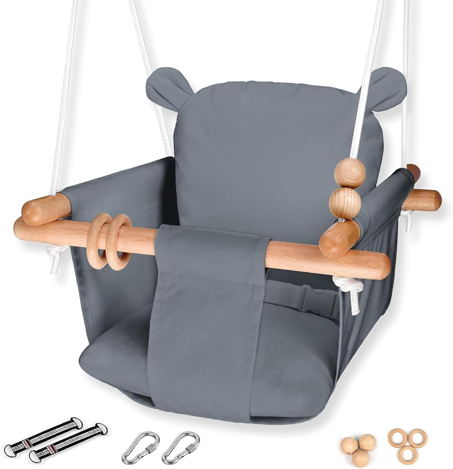 Baby Swing Seat, Visuivit Durable Canvas Hanging Swing for Outdoor/Indoor Use with Canvas Cushion & Safety Belt, Swing Sets for Baby Hammock Toy Backyard (White & Grey)