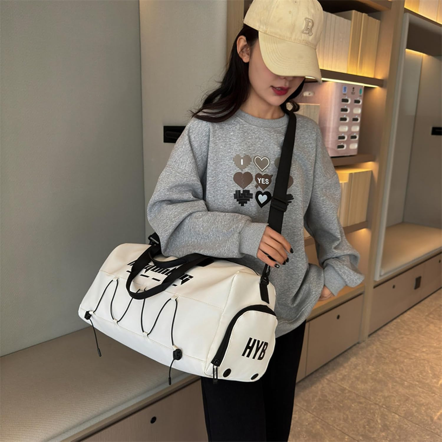 Gym Bag for Men Women, Sports Travel Duffel Bag with Shoe Compartment and Wet Porcket, Weekender Travel Bag Overnight Bag, Multi-Functional Sports Gym Bags for Gym, Sports, Travel, Yoga (Off-White) image number 6