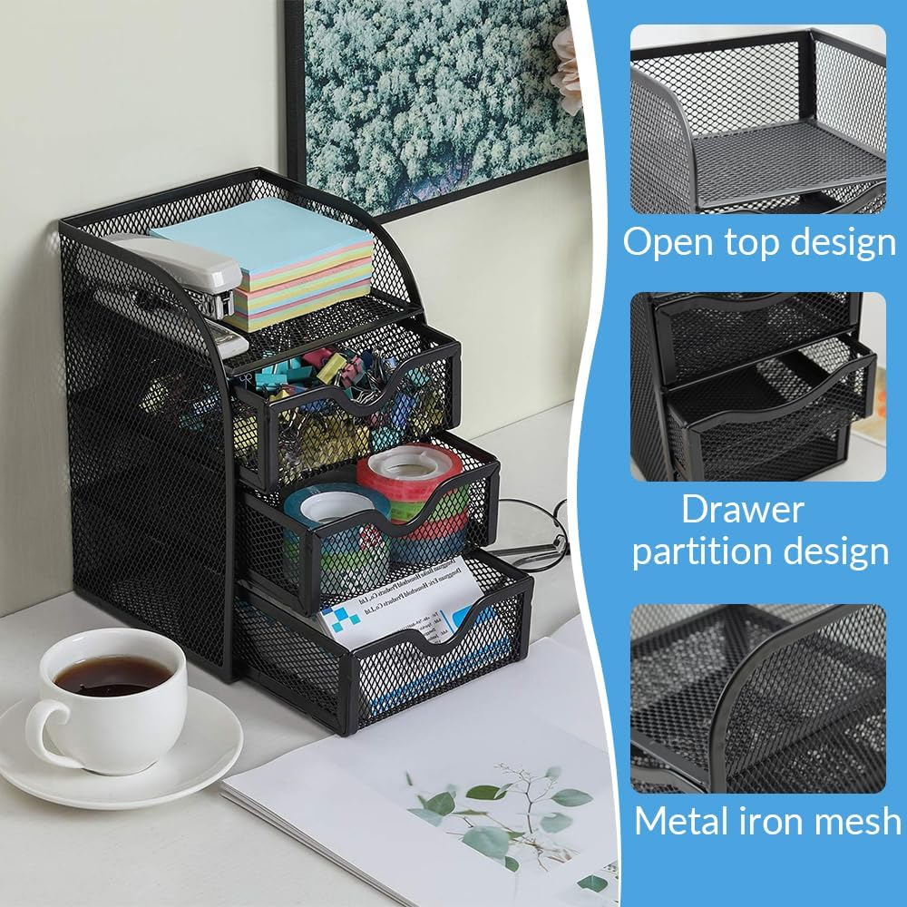 Mesh Office Desktop Storage Rack, Metal Partition Drawer Storage Rack, Sundries Organizer, Desktop Storage Basket, Suitable for Office, Home, Student, Workspace (Black) image number 1