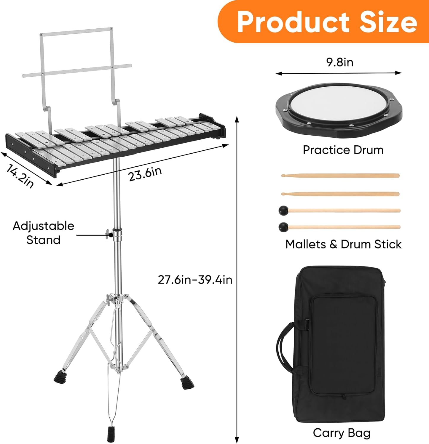 Glockenspiel Xylophone Bell Kit (32 Notes with Stand,Pad) image number 3