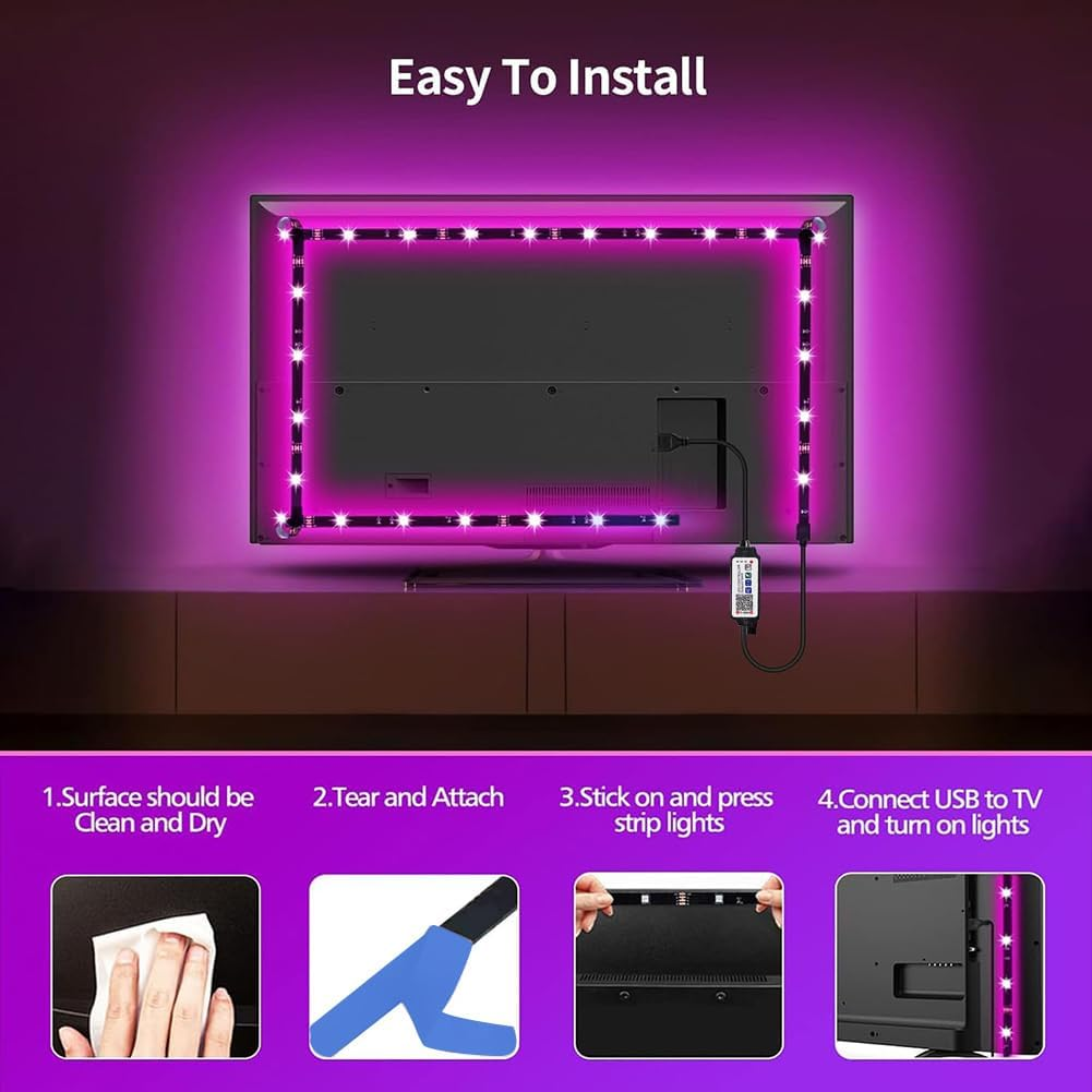 LED Strip Lights 4M, TV Led Lightsfor 50-65 Inch, USB LED TV Backlights with Remote/App Control, Music Sync Backlights Color Changing Led Strip for TV PC Monitor image number 4