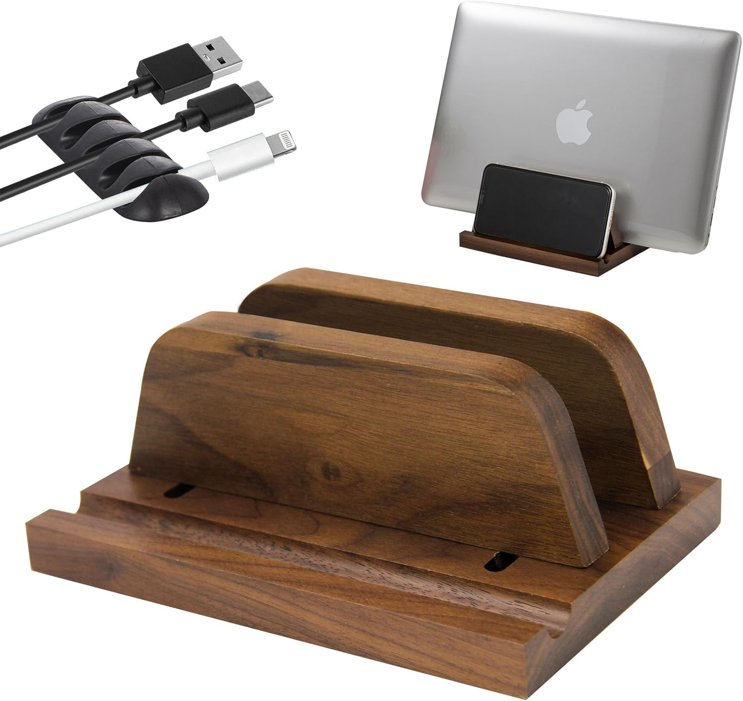 Vertical Laptop Stand Wood, Wooden Adjustable Laptop Holder, Walnut, 2 Slot, Double, Upright Laptop Holder for Desk, Macbook Stand, Laptop Dock, Desktop Organizer, Fits Macbook, Other Laptops, Phone image number 6