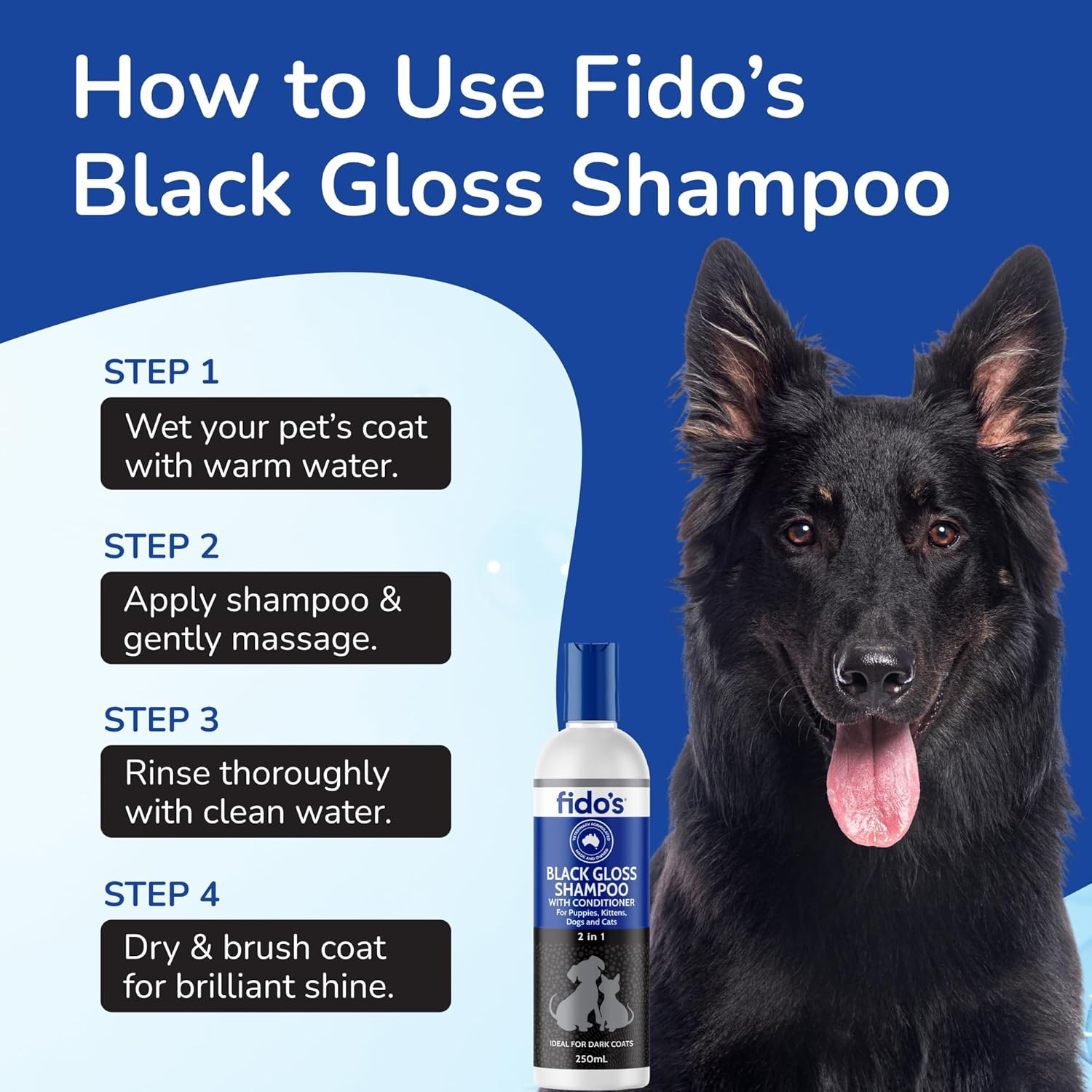 Fido&rsquo;S Black Gloss Shampoo 250Ml Soap Free Colour Enhancing Formula for Black and Dark Coloured Coats with Softening Conditioner and Strong Fruity Scent image number 5