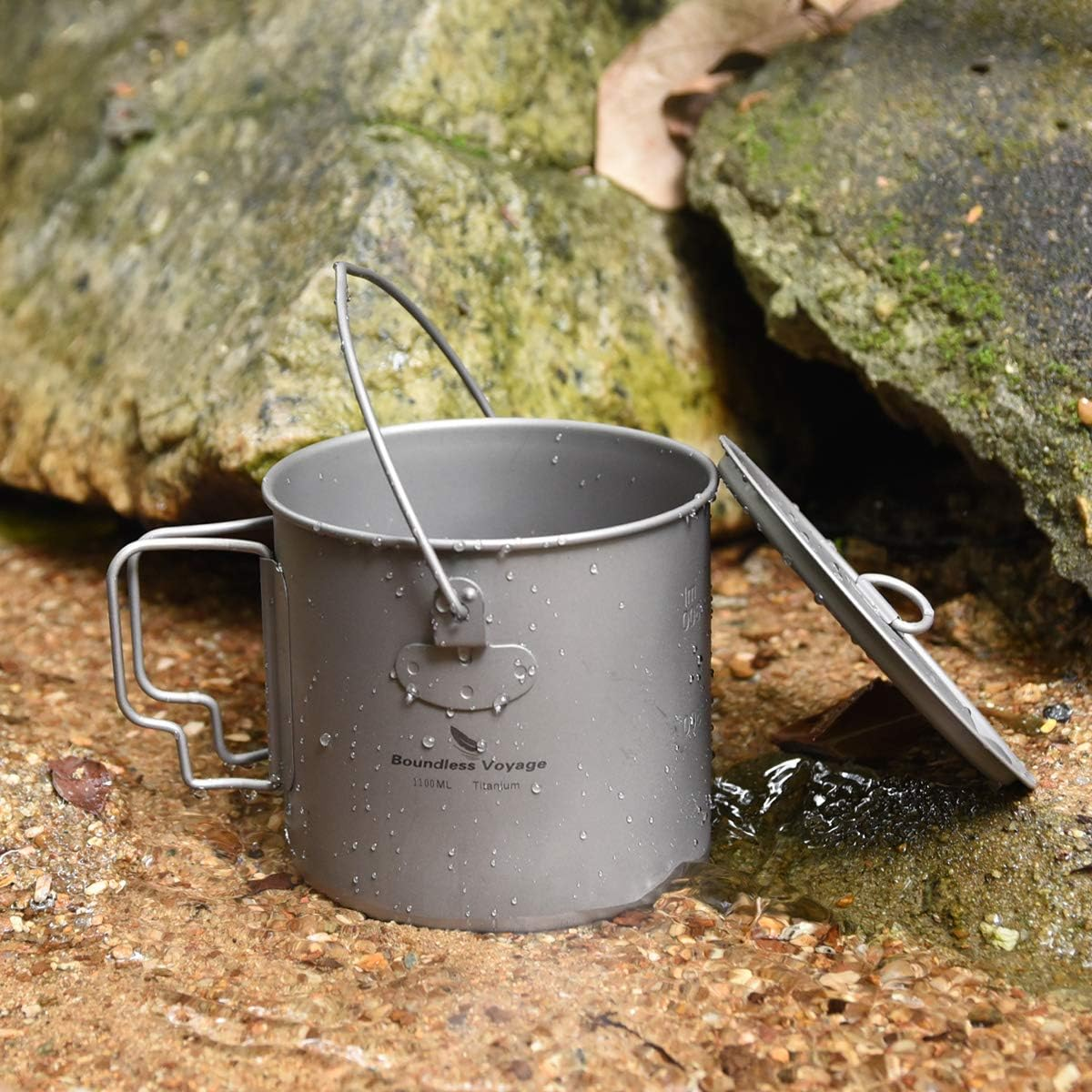 Boundless Voyage Titanium Pot Cup Mug with Lid Storage Bag Pot Set Collapsible Folding Handle Camping Hiking Picnic Ultralight Portable Tableware Cookware Drinkware Big Capacity (Ti15109B 1100Ml) image number 6