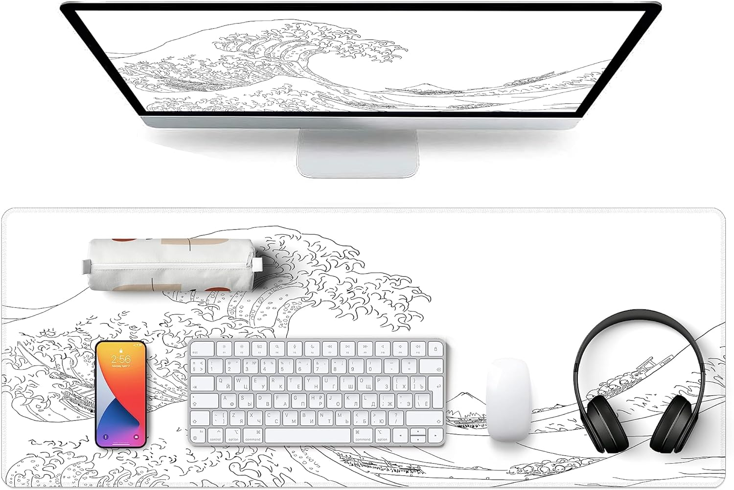 Japanese Sea Wave White Large Mouse Pad, Gaming Pad Mousepad Extended Kanagawa Mat Desk XL with 3Mm Thick Long Non-Slip Rubber Base Mice 31.5 X 11.8 Inch, image number 1