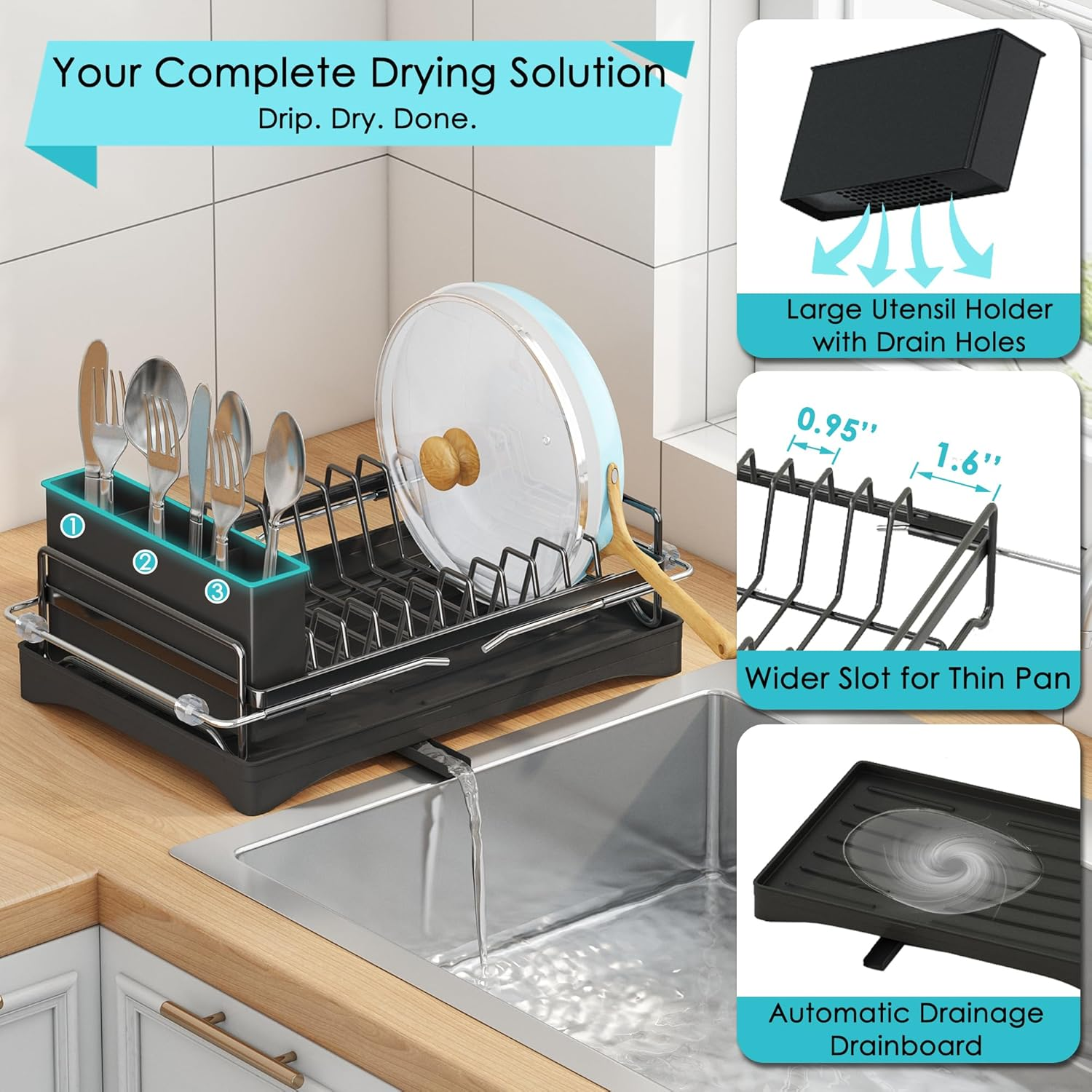 ANTOPY Dish Drying Rack in Sink, Expandable Rustproof Dish Rack for Kitchen Counter, over the Sink Dish Drainer with Utensil Holder, Cup Rack, Drainboard, Space Saving Dish Dryer Rack for inside Sink image number 4