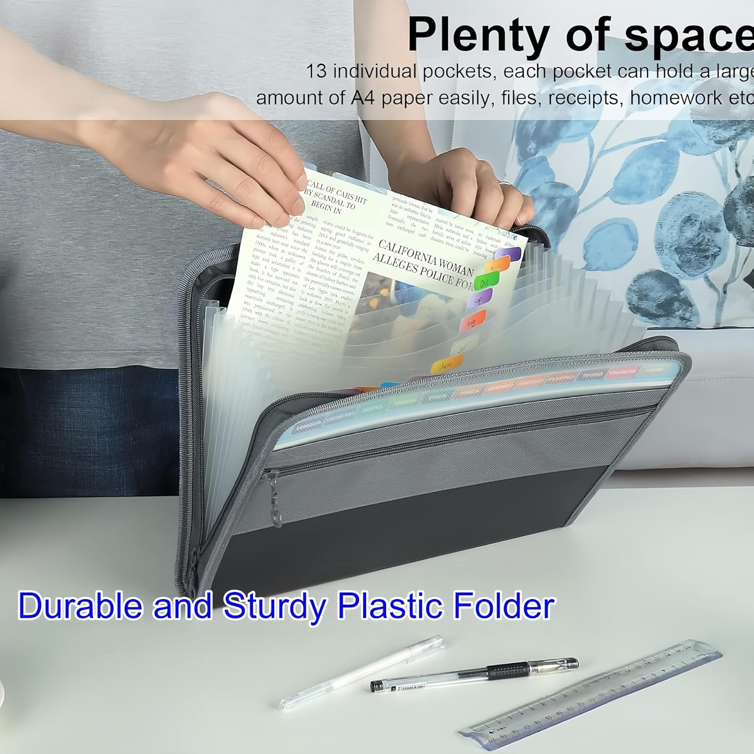 File Organiser Expanding File A4 Binder Display Folder Document Holder Office Supplies 13 Pockets Document Organizer with Zipper Document Wallet with 24Pcs Multicolor Labels image number 3