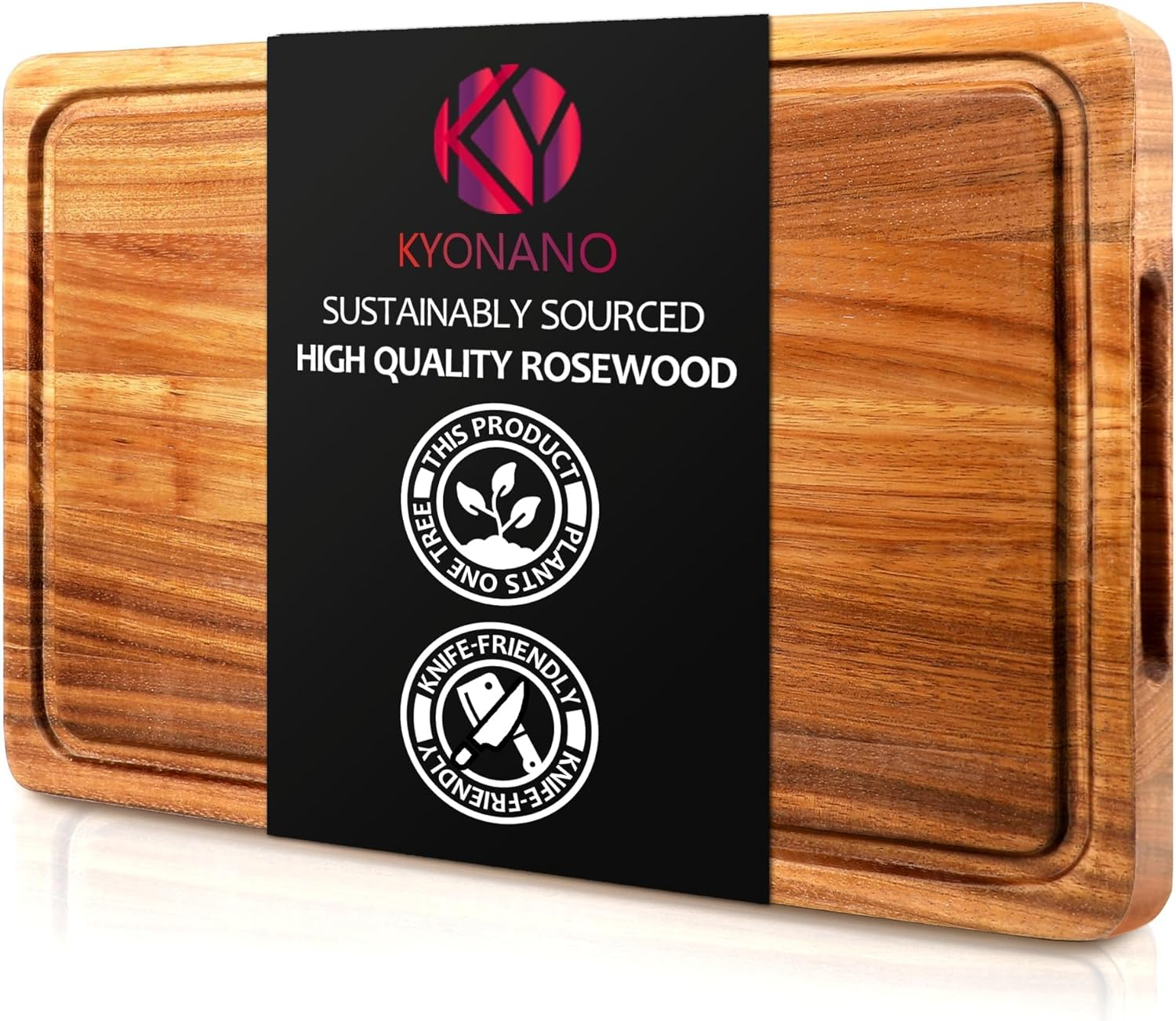 KYONANO Wooden Chopping Board, Large Rosewood Cutting Board for Kitchen, 38 X 25 X 2.5 CM Chopping Carving Board with Juice Groove Handle Hanging Hole, Butcher Block for Meat and Vegetables image number 2