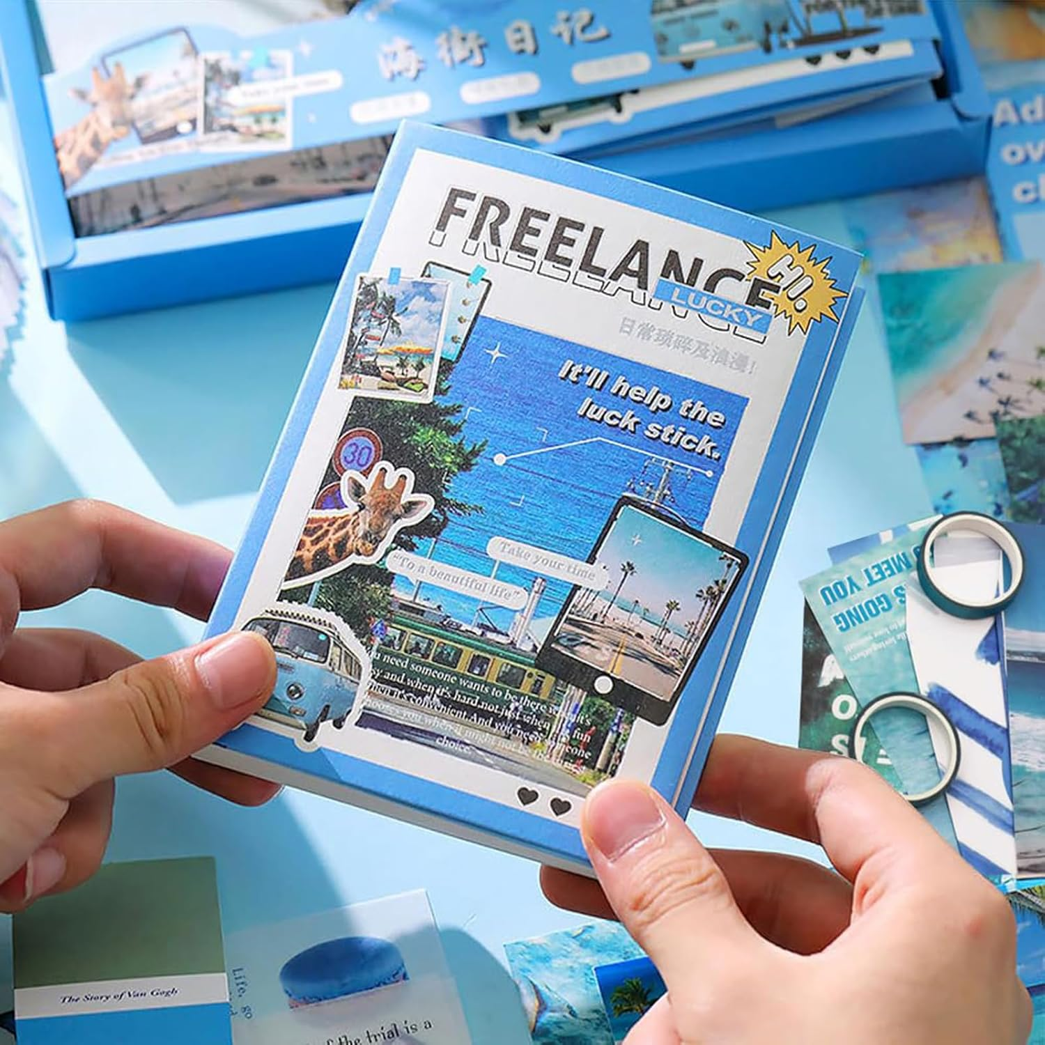 Scrapbook Kit with Scrapbooking Supplies Stickers, Aesthetic Scrapbook Paper, Washi Stickers, Tape, A6 Notebook Art Journaling Kit for Junk Journal DIY for Adults Teens (Sea) image number 4