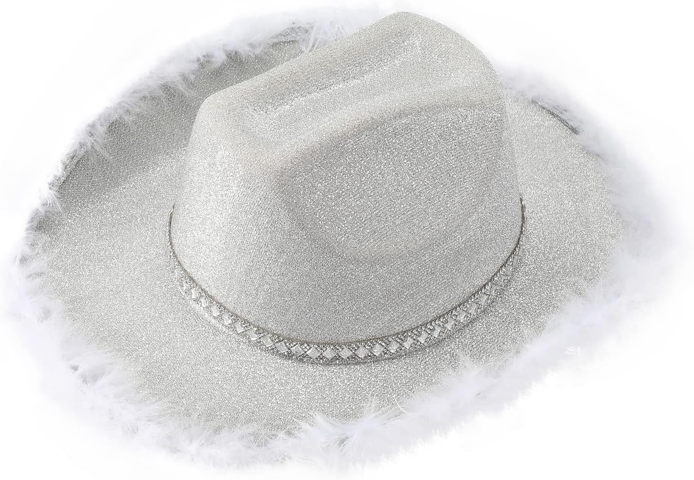 Cowboy Hat Fluffy Feather Trim Cowgirl Hat Adult Western Felt Cow Girl Hat Fancy Dress Party Halloween Cosplay Costume,Silver image number 2