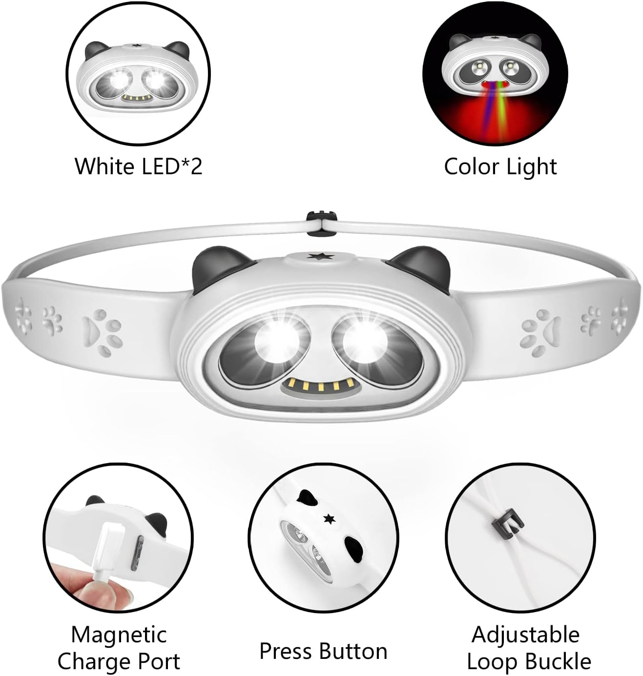 LED Headlamp for Adults and Kids, Panda Design Rechargeable Head Lamp, Outdoor Super Bright Flashlight for Boys, Girls, Headlight for Camping, Walking Dog, Fishing, Night Reading, Running