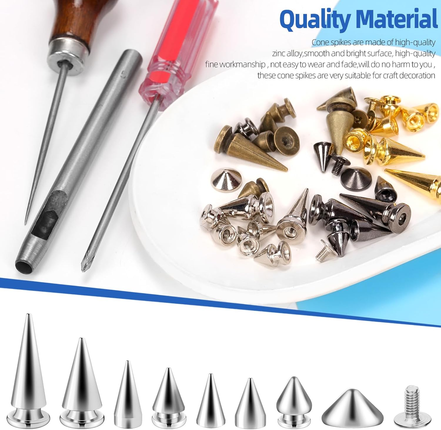 Glarks 355Pcs Silver Punk Spikes and Studs Kit, 7 Sizes Zinc Alloy Cone Spike and Stud Rivet, Metal Leather Tree Spikes Studs with Scratch Awl Screwdriver Punch for Punk Clothing Jacket Shoes Wallet image number 2