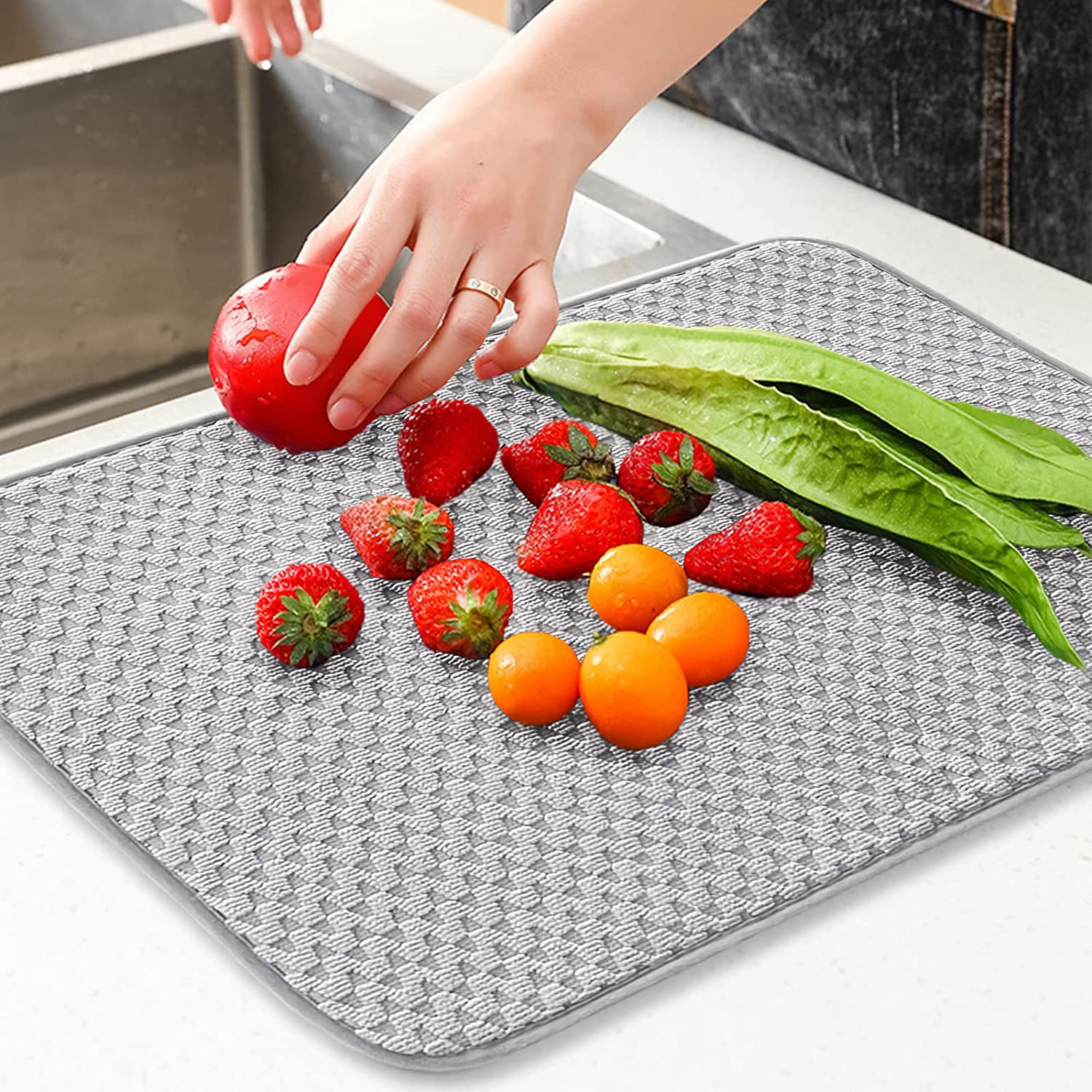 2 Pack Microfiber Dish Drying Mat,24*17 Inch Absorbent Dish Drainer Kitchen Counter,Large Size Dish Drying Pad for Countertops,Sinks,Draining Racks(Gray) image number 3