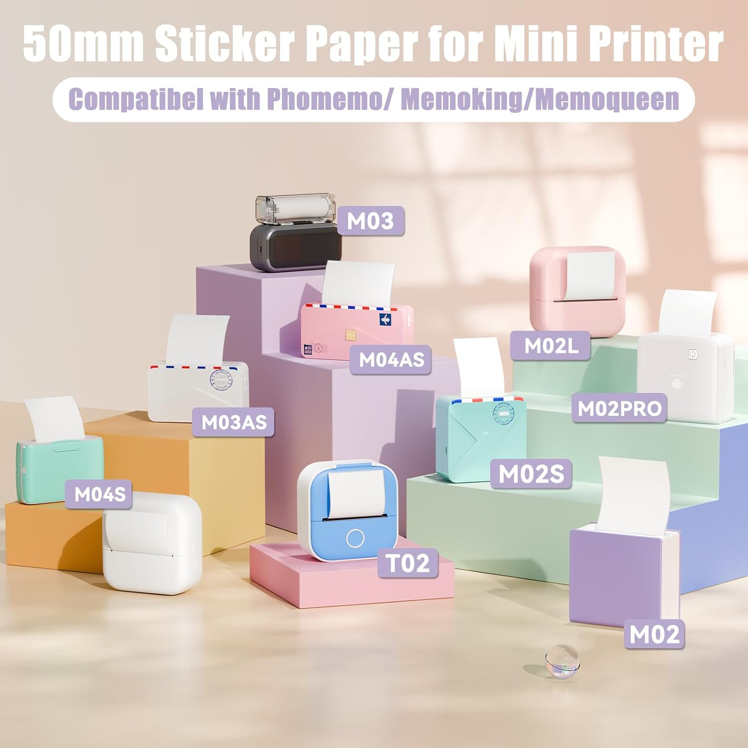 Memoking White Adhesive Thermal Sticker Paper, for M02 M02Pro M02S M03 M04S M04AS Mini Printer, 50Mm X 3.5M/Roll, Diameter 30Mm, 3 Rolls, Compatible with Phomemo Printer Paper, Keep for 20 Years