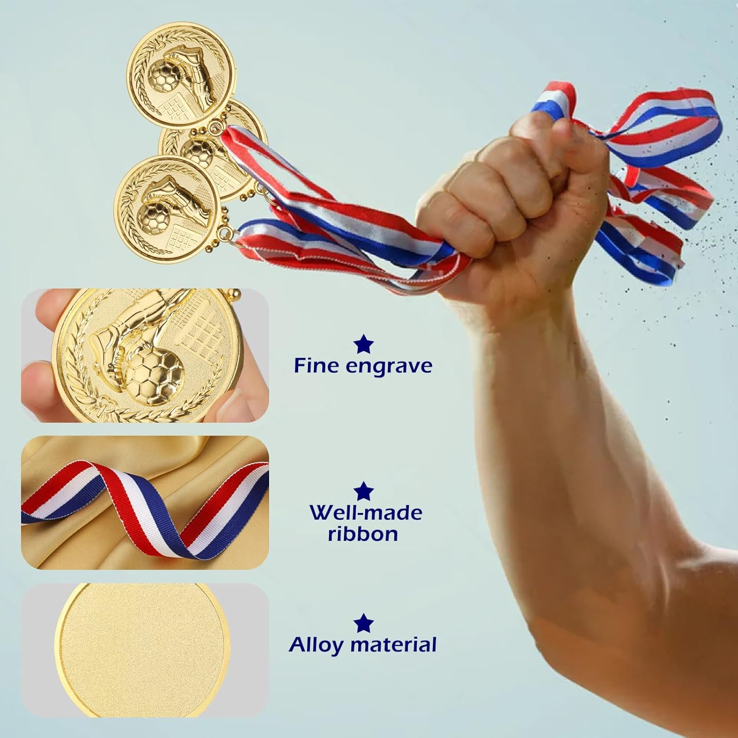 12PCS Gold/Silver/Bronze Medals, Geeric Metal Medal with Neck Ribbons for Kids/Adults/Student/Athlete 1St Medal Winner Medals for Football/Soccer Competition/Sports/Party Decoration - Silver image number 7