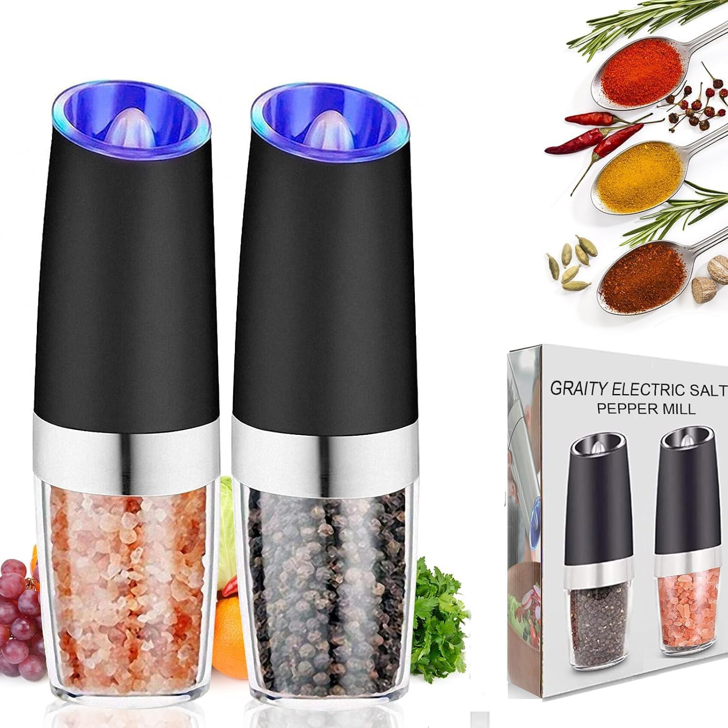 AVNICUD Electric Salt and Pepper Grinder, Automatic Pepper Mill, Gravity Salt Grinder, Battery-Operated with Adjustable Coarseness, LED Light, One Hand Operated (Silver 2Pack)