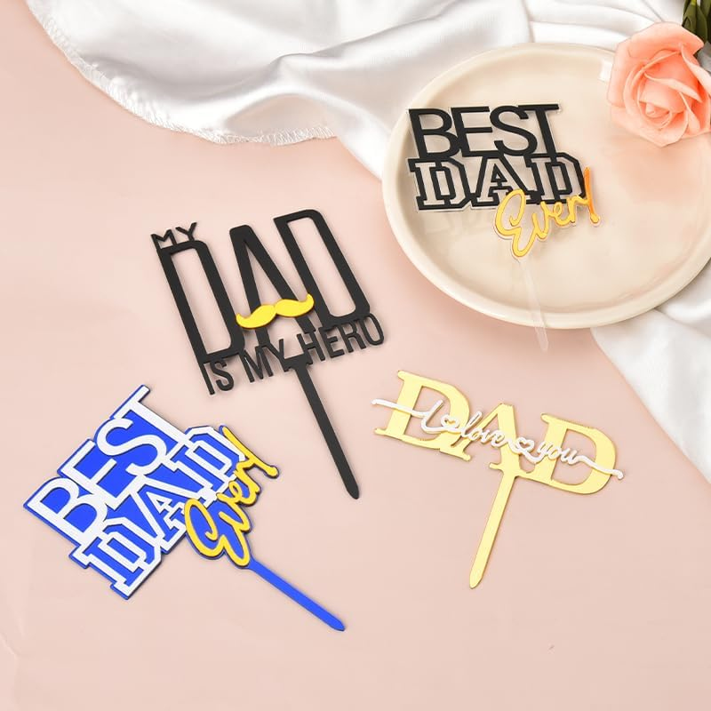 Yangqian 4Pcs Best Dad Ever Fathers Day & Birthday Cake Toppers - Gold, Black, Blue, Yellow Acrylic image number 2
