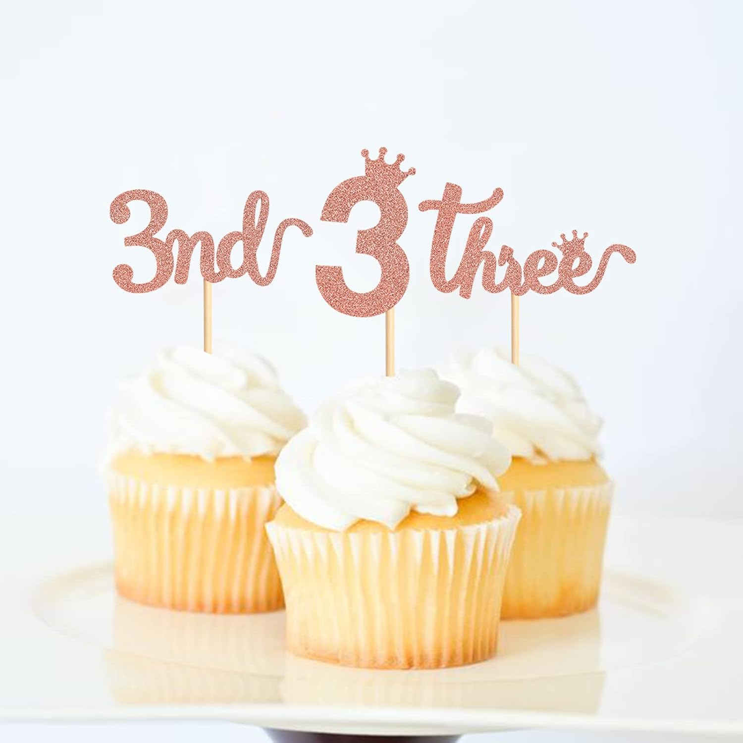 24PCS 3Nd Crown Birthday Cupcake Toppers Three Birthday Three Cupcake Picks Baby Shower Theme Prince Crown Party Cake Decorations Supplies Rose Gold image number 5