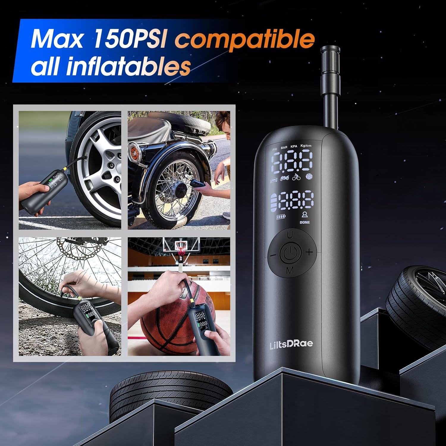 Electric Air Compressor Portable Bike Pump Car Tire Inflator, Max 150 PSI, Auto Shut-Off Air Pump with Presta and Schrader Valves for All Bicycles Motorcycles Balls and Cars image number 6