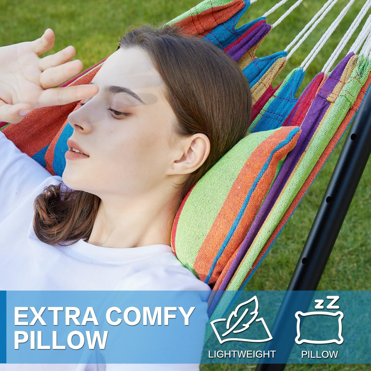 PNAEUT Double Hammocks with Stand for Outside, Portable Space Saving Heavy-Duty Steel Stand for Indoor Outdoor Patio, 450 Lbs Capacity (Tropical) image number 5