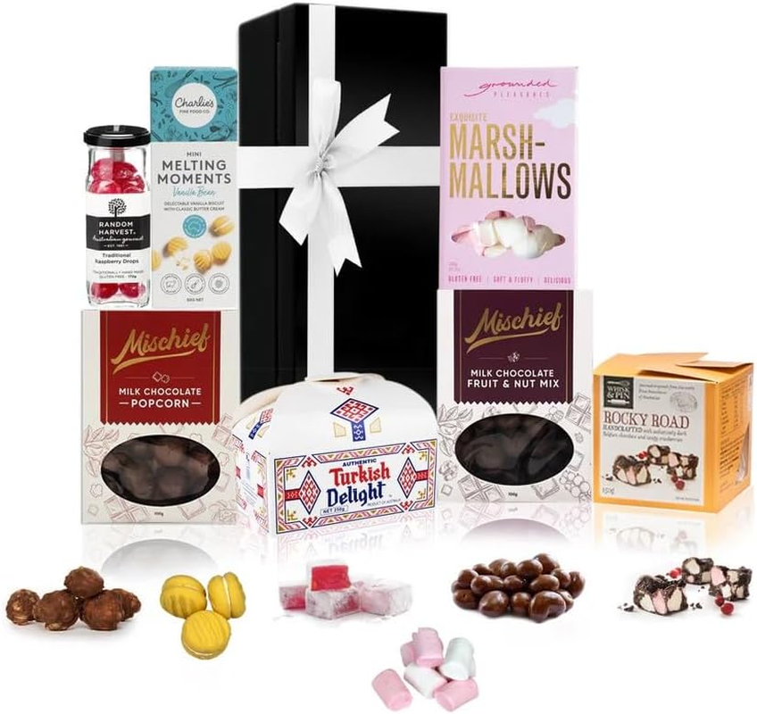 Purely Gourmet Australian Sweetness Gift Hamper - Gourmet Marshmallow, Mischief Chocolate Popcorn, Cookies, Whisk & Pin Rocky Road, Organic Times Strawberries - Ideal Australian Chocolate Gift Set image number 1