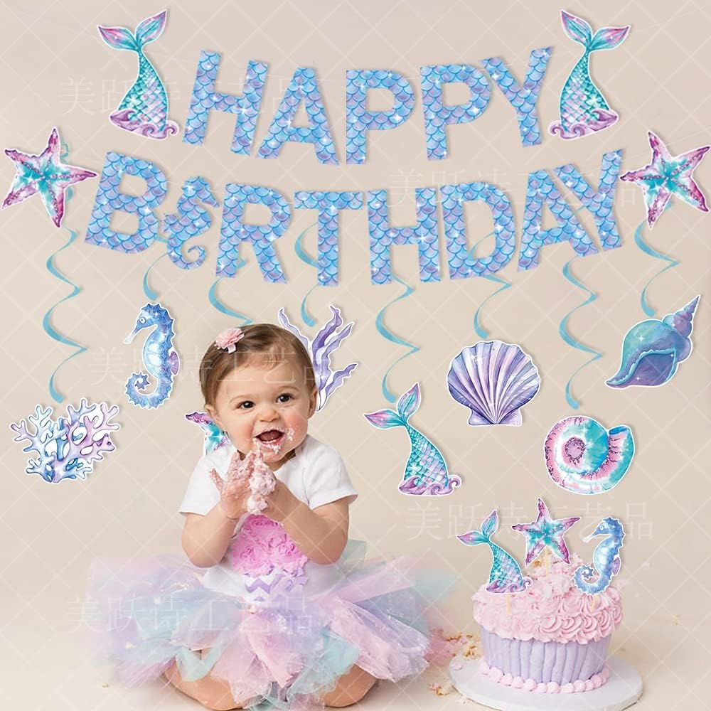 Mermaid Happy Birthday Banner Cake Toppers Hanging Swirls Cupcake Toppers under the Sea Little Mermaid Themed Birthday Decor for Mermaid Princess Birthday and Shower. image number 2