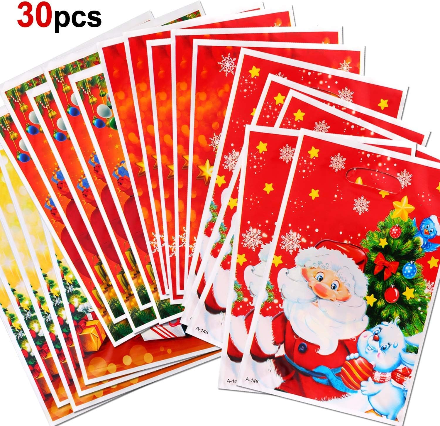 30Pcs Christmas Treat Candy Gifts Bags with Handles for Xmas Presents Sweets, Christmas Tree Santa Goody Plastic Bags for Kids Adult Christmas Party Bag Fillers Party Decoration Supplies image number 1