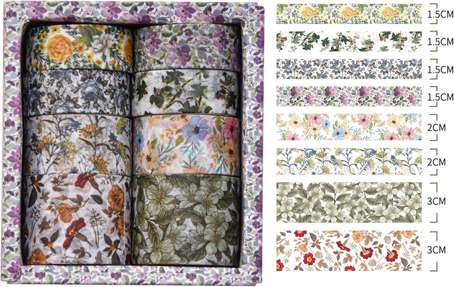 8 Rolls Retro Washi Tape Set Vintage Arts Adhesive Tapes Wide Painting Patterned Decorative Masking Tape Sets for Craft, Kids, Scrapbook, DIY, Gift Wrapping (Flowers & Plants) - Stone Texture image number 2