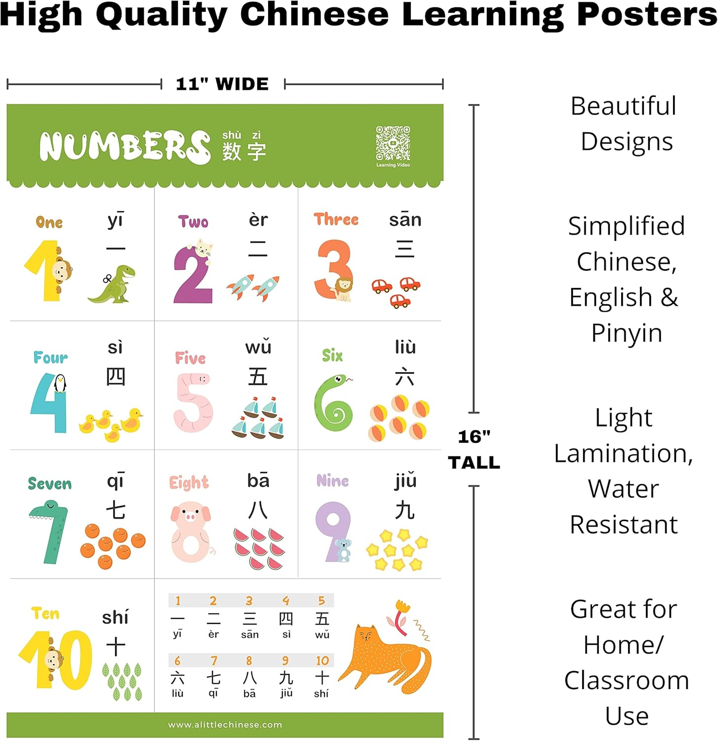 N/A Learn Chinese for Kids Poster Set - Bilingual with English, Simplified Chinese, and Pinyin - for Toddlers and Preschoolers - Learning Videos Included image number 3