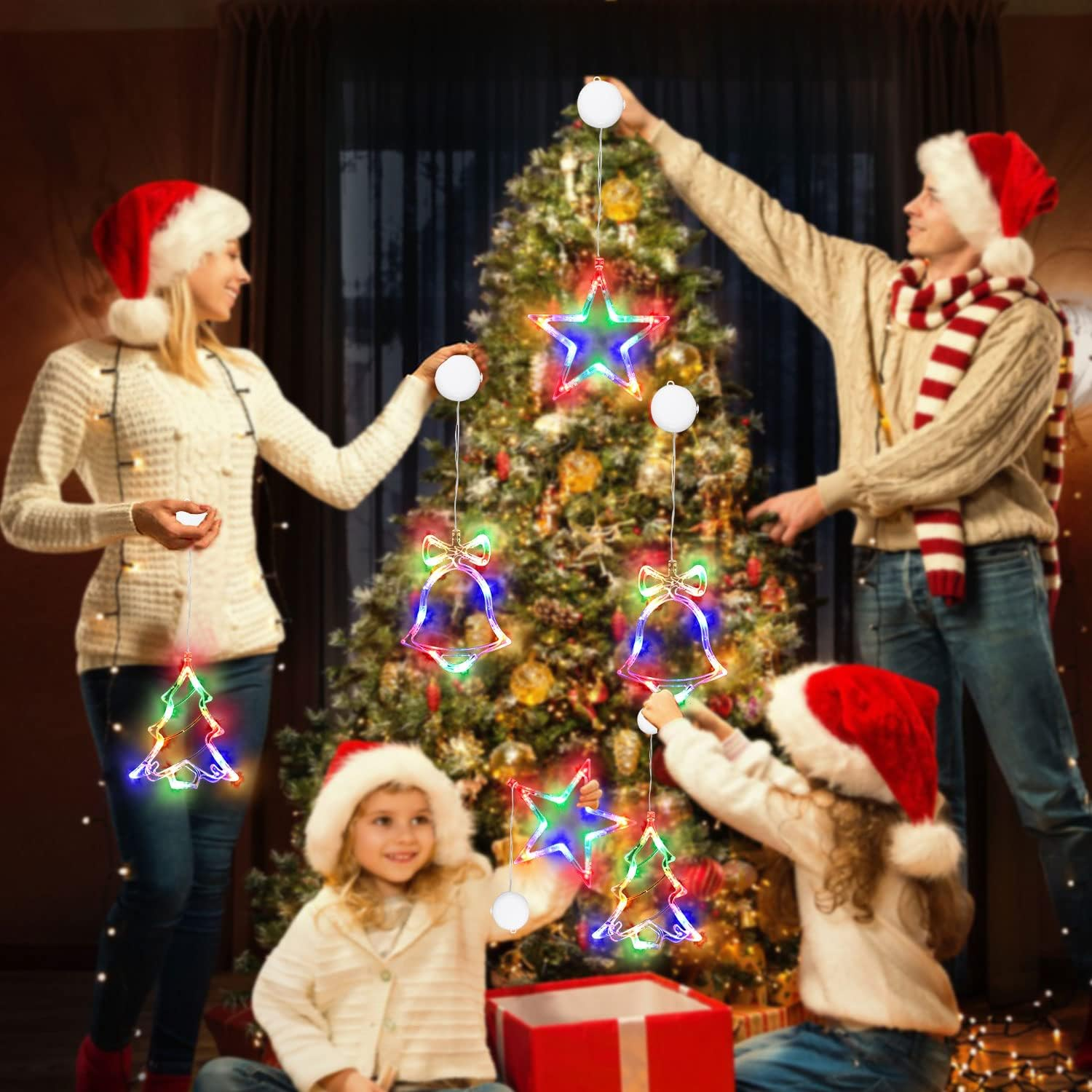 3Pcs Christmas Window Hanging Lights, Battery Powered Window Lights Silhouette Decoration Lighted Christmas Tree &Jingle Bell &Star Shaped with Suction Cup for Xmas, Balcony,Party,Indoor Outdoor Decor image number 1