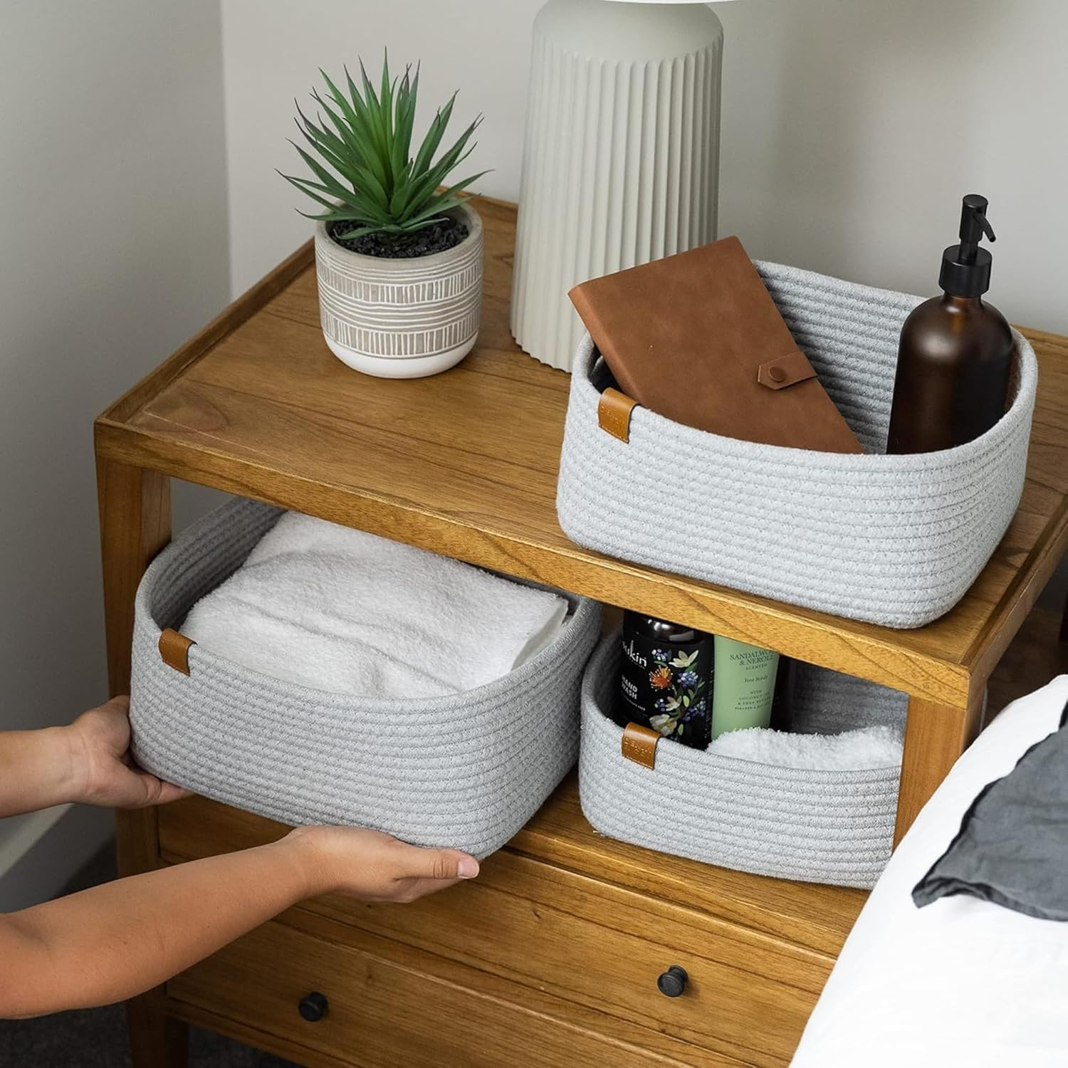 DENJA & CO Decorative Storage Basket Organiser Set of 3 - Woven Cotton Rope Baskets for Bathroom Storage - Nursery Organisation Baskets for Toys, Books, Diapers - Rectangle Basket Set for Home Decor image number 1