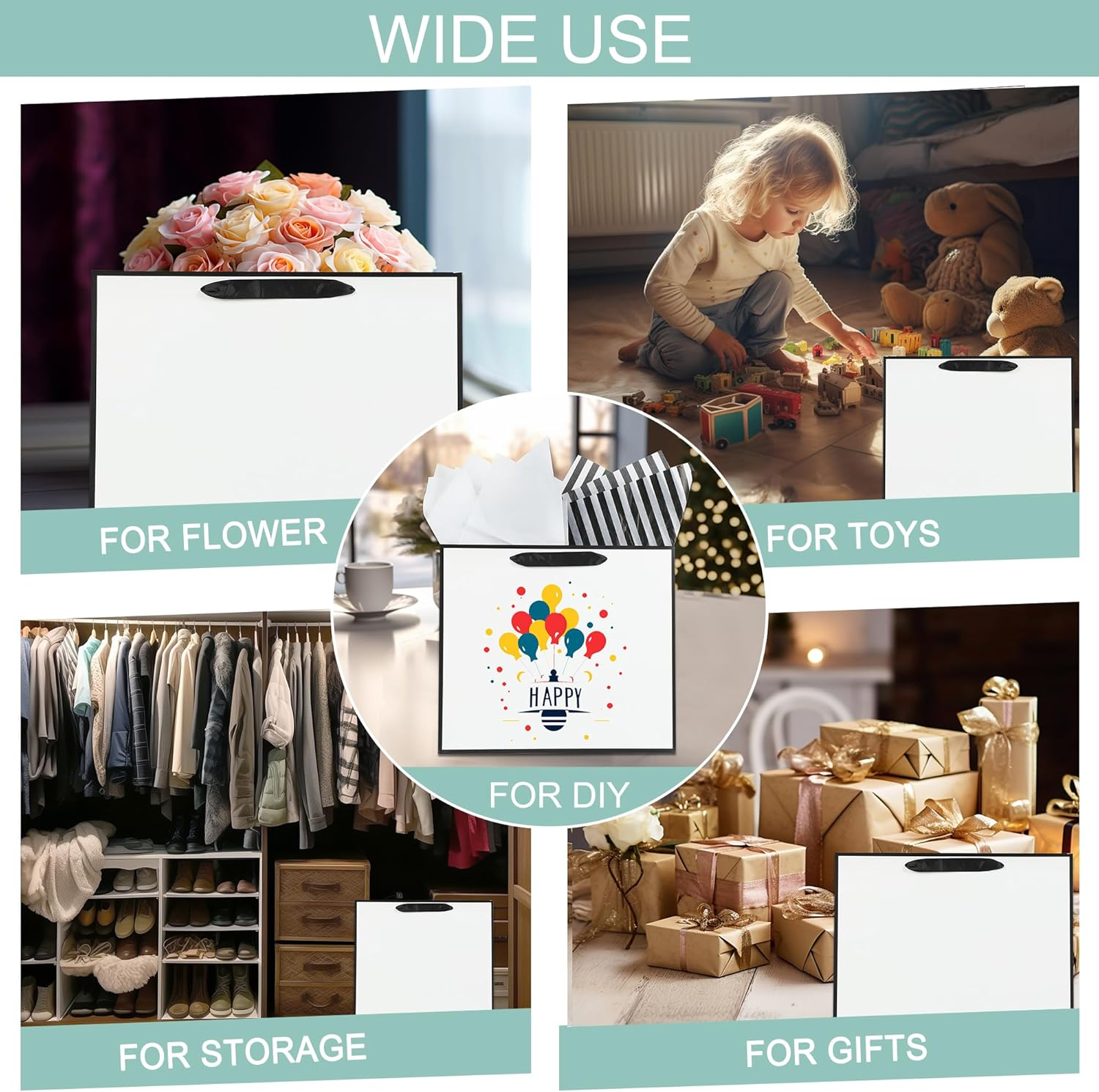 Offizon 12 Pack White Gift Bags, 8.7" Medium Gift Bags with Tissue Paper image number 2