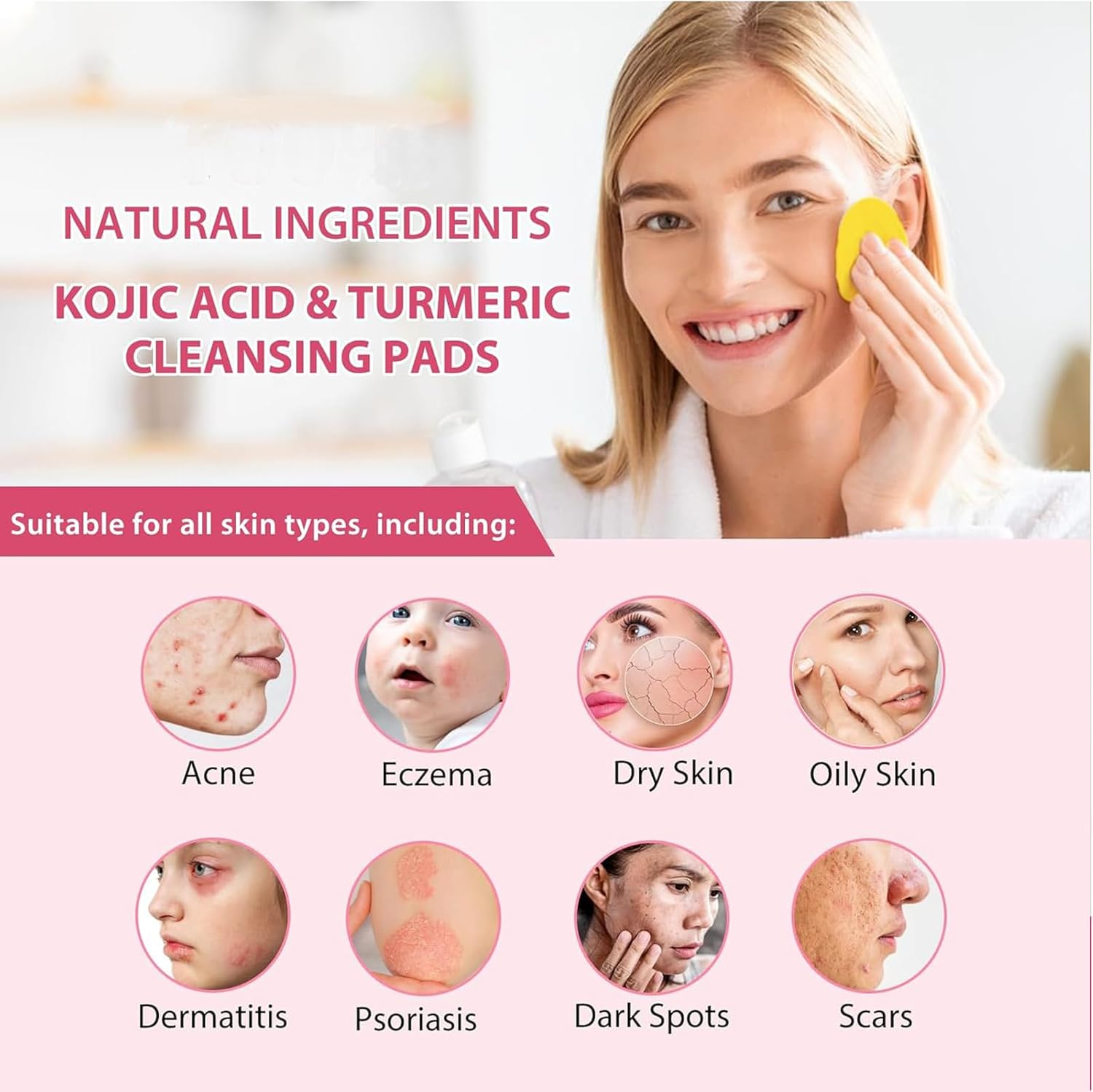 Turmeric and Kojic Acid Pads for Face,80 Pcs Kojic Acid and Turmeric Cleansing Pad for Dark Spots,Exfoliating Facial Sponges for All Skin Types