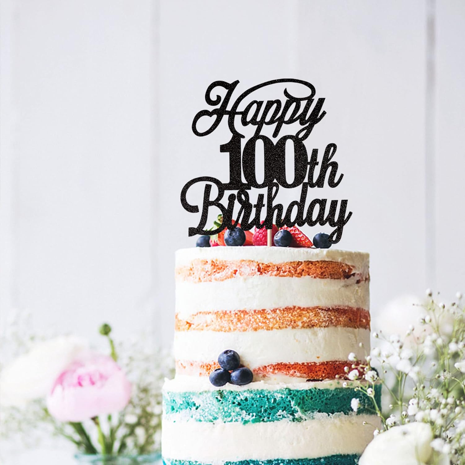 Rsstarxi 1 Pack Happy 100Th Birthday Cake Topper Black Glitter 100 & Fabulous Cheers to Years Old Pick for Celebrating 100Th Anniversary Party Decorations Supplies, Black 100Th (Xm063-Black 100Th)