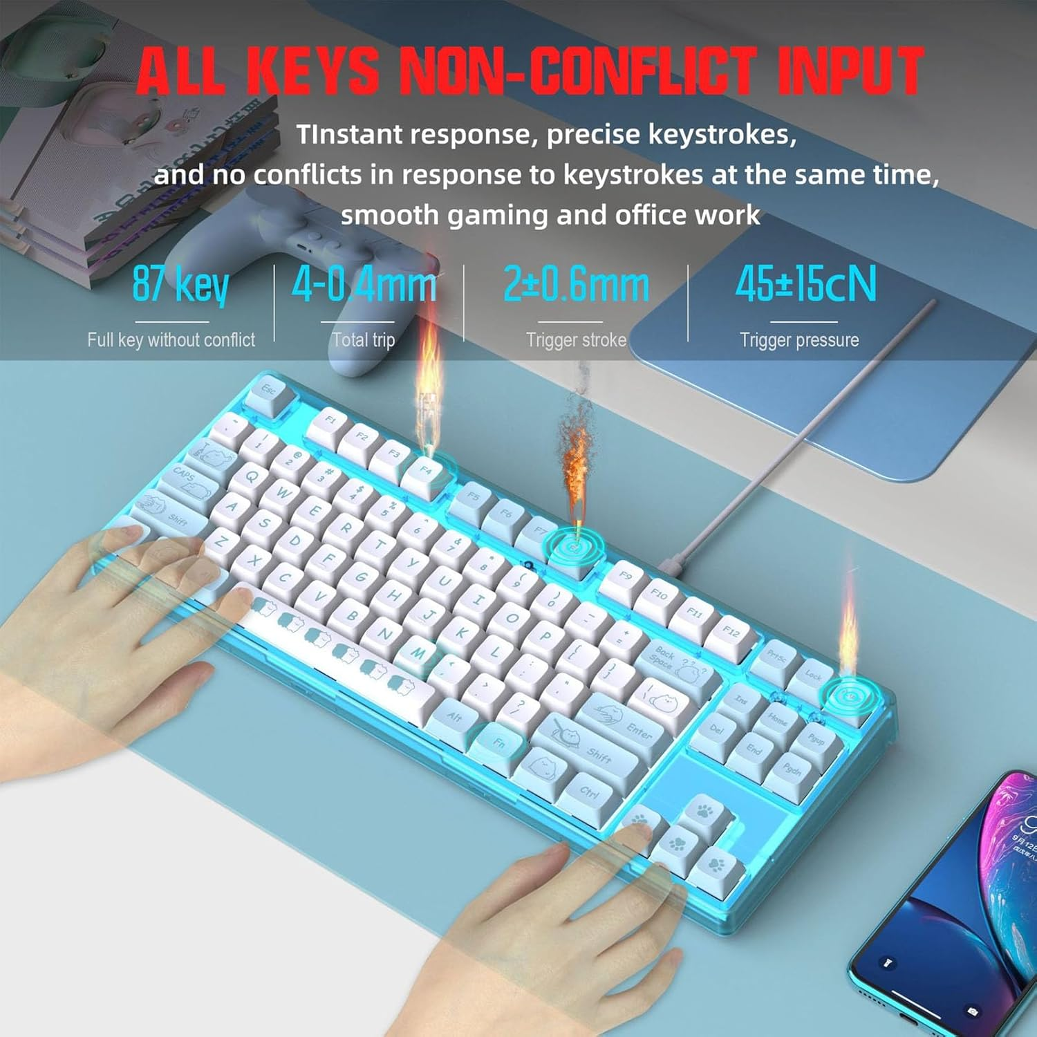 Mechanical Gaming Keyboard - USB Backlit Keyboard with PBT Keycaps, RGB Backlight, 20 Lighting Modes, Ergonomic Design, Detachable USB Cable image number 2